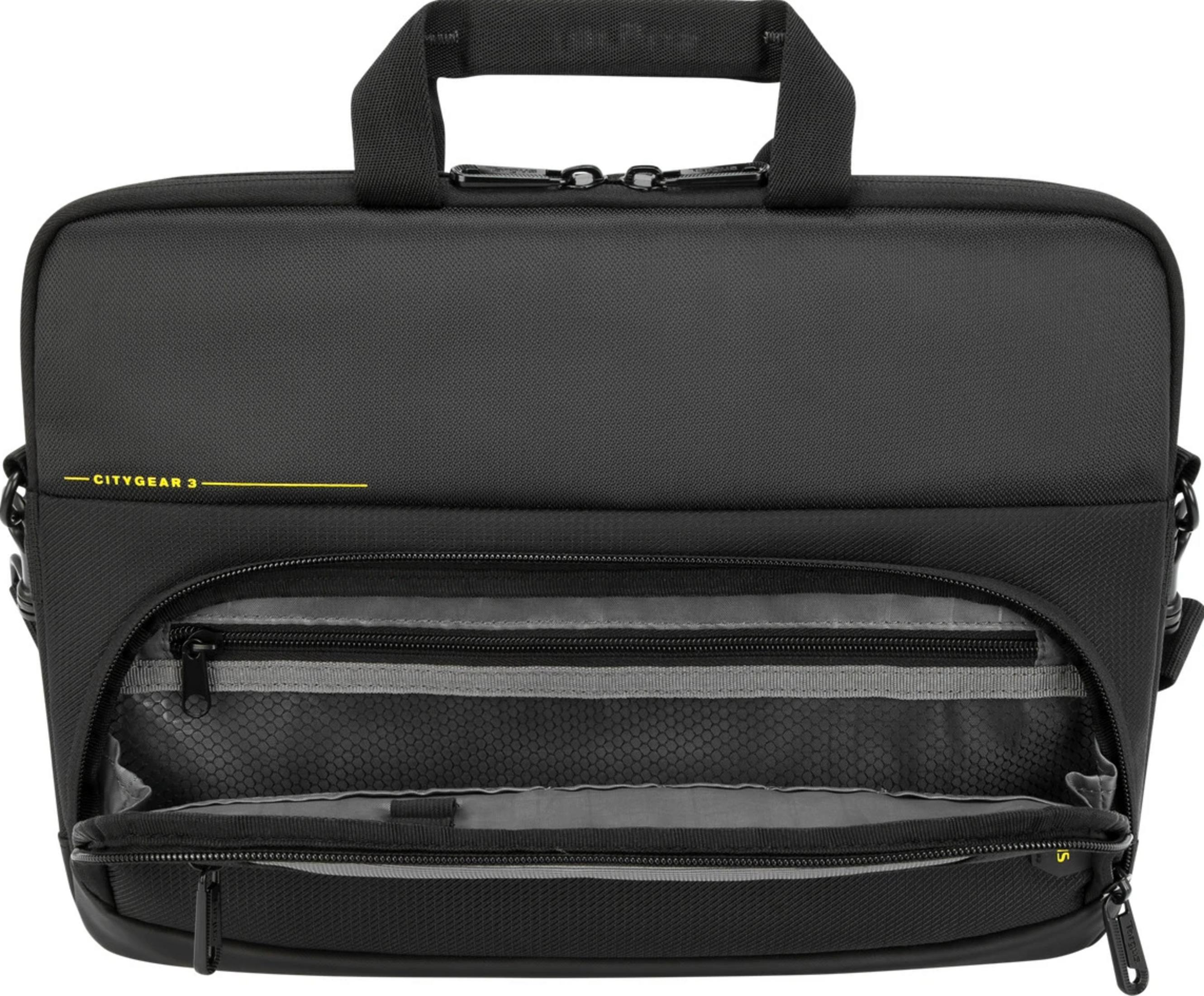 Borsa nera per laptop con scomparti aperti e cerniere.