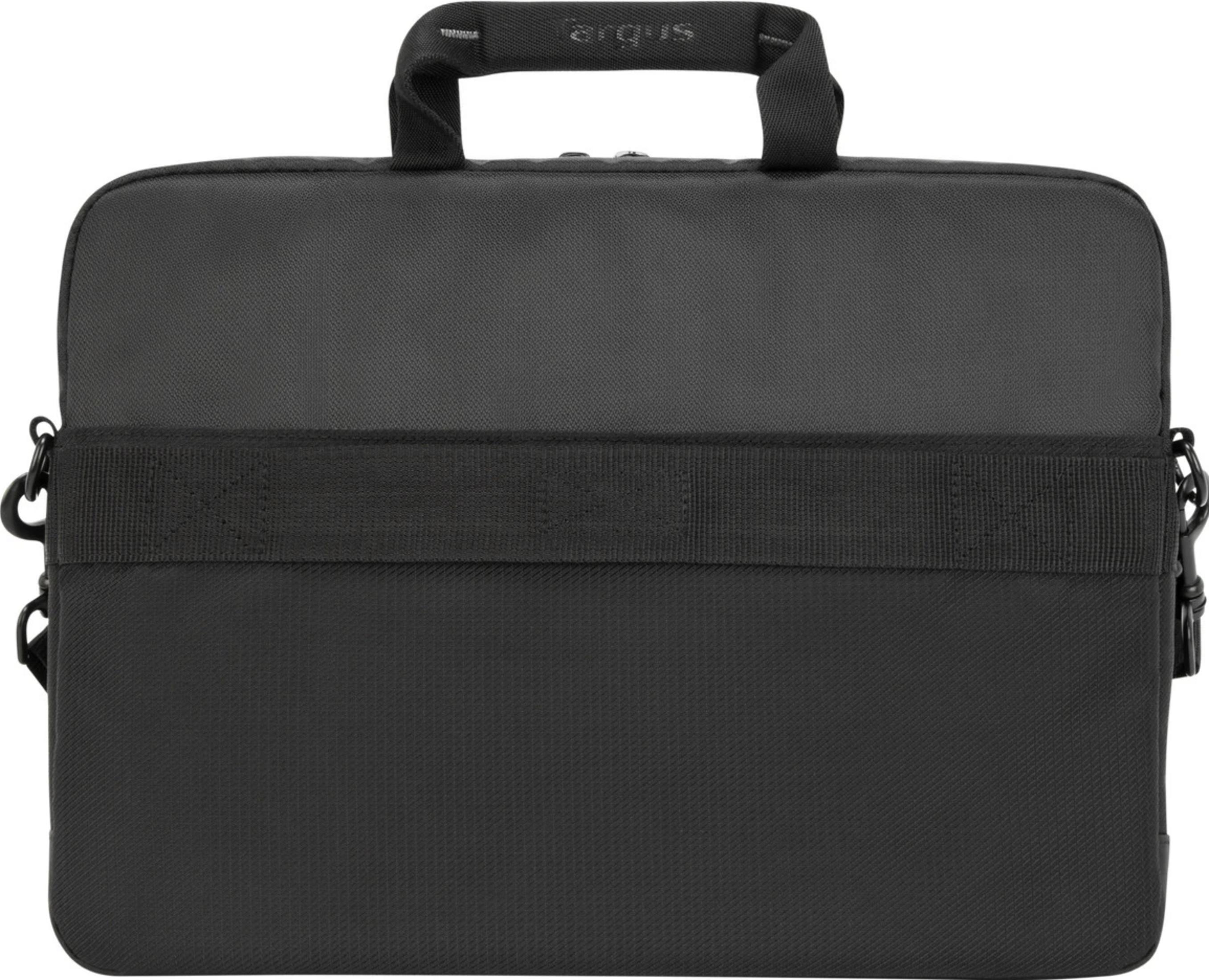 Una borsa nera per laptop con manico e logo del marchio sul manico.