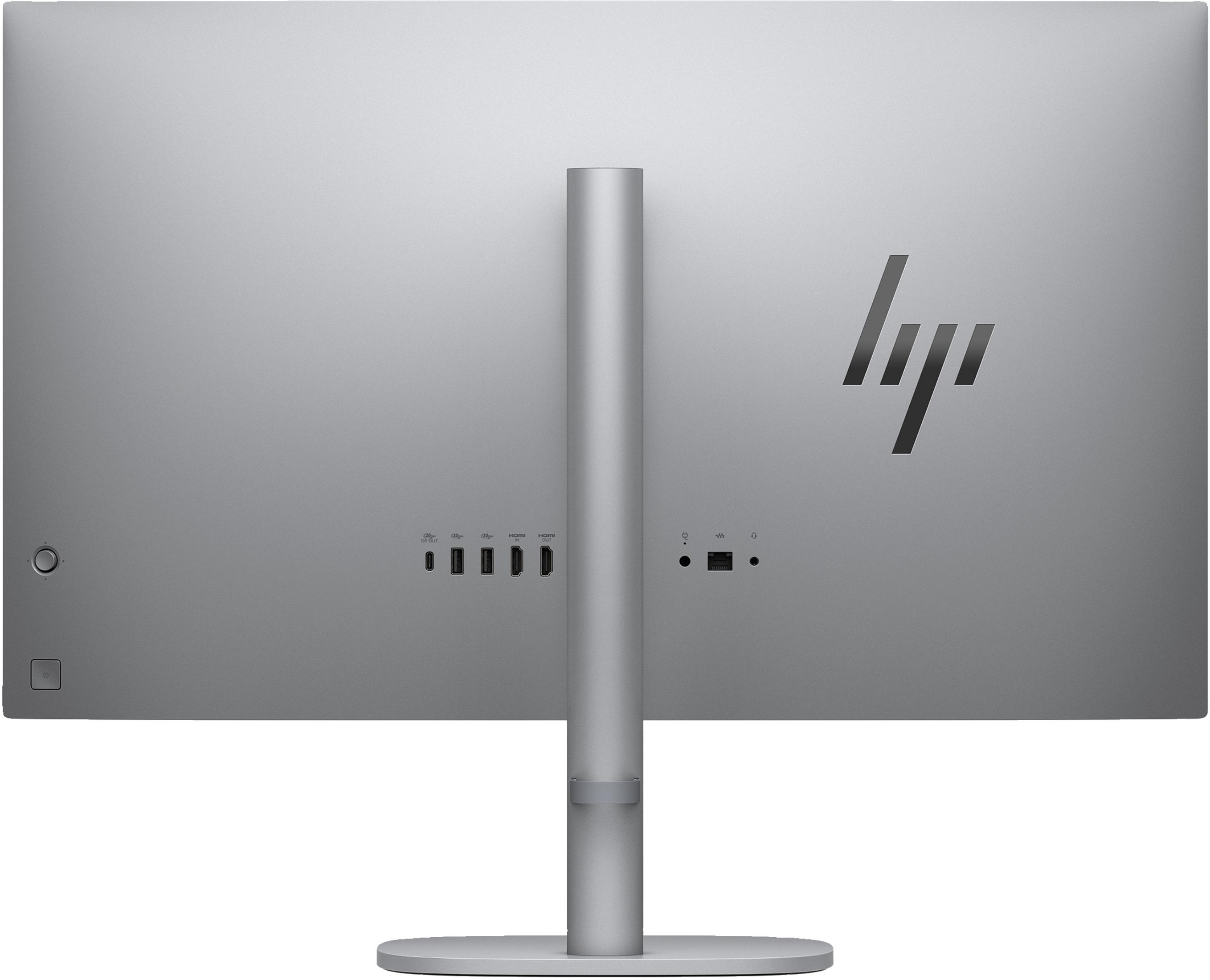 Rückseite eines silbernen Monitors mit Anschlüssen, HP-Logo und Ständer.