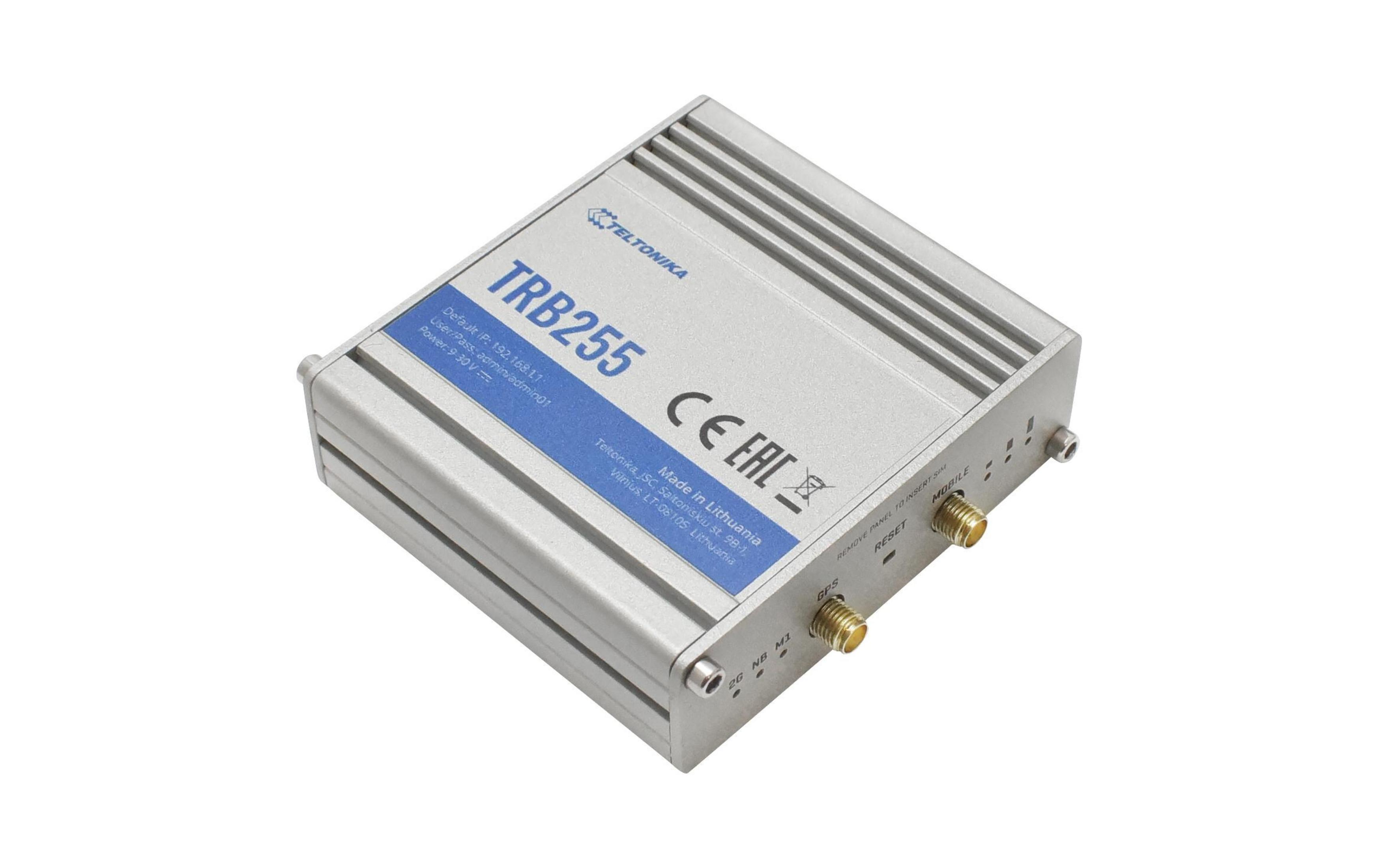 Silbernes Teltonika TRB255 IoT-Gateway mit Anschlüssen und Beschriftungen.