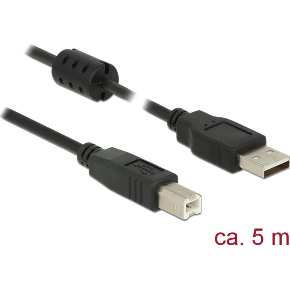 Een zwarte USB-kabel, type A en B connectoren, ongeveer 5 meter lang.