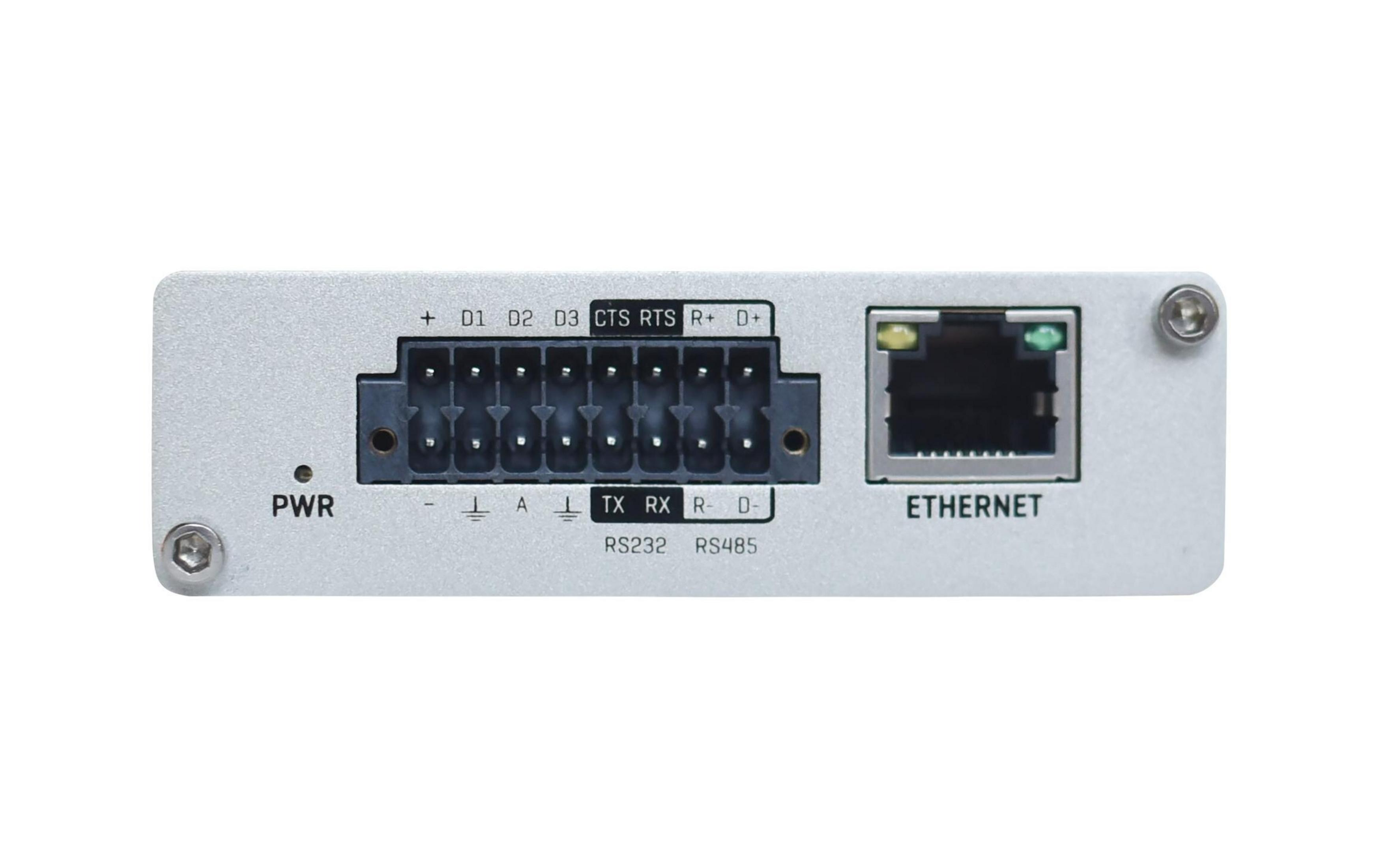 Ein silbernes Gerät mit Ethernet- und RS232/RS485-Anschlüssen.