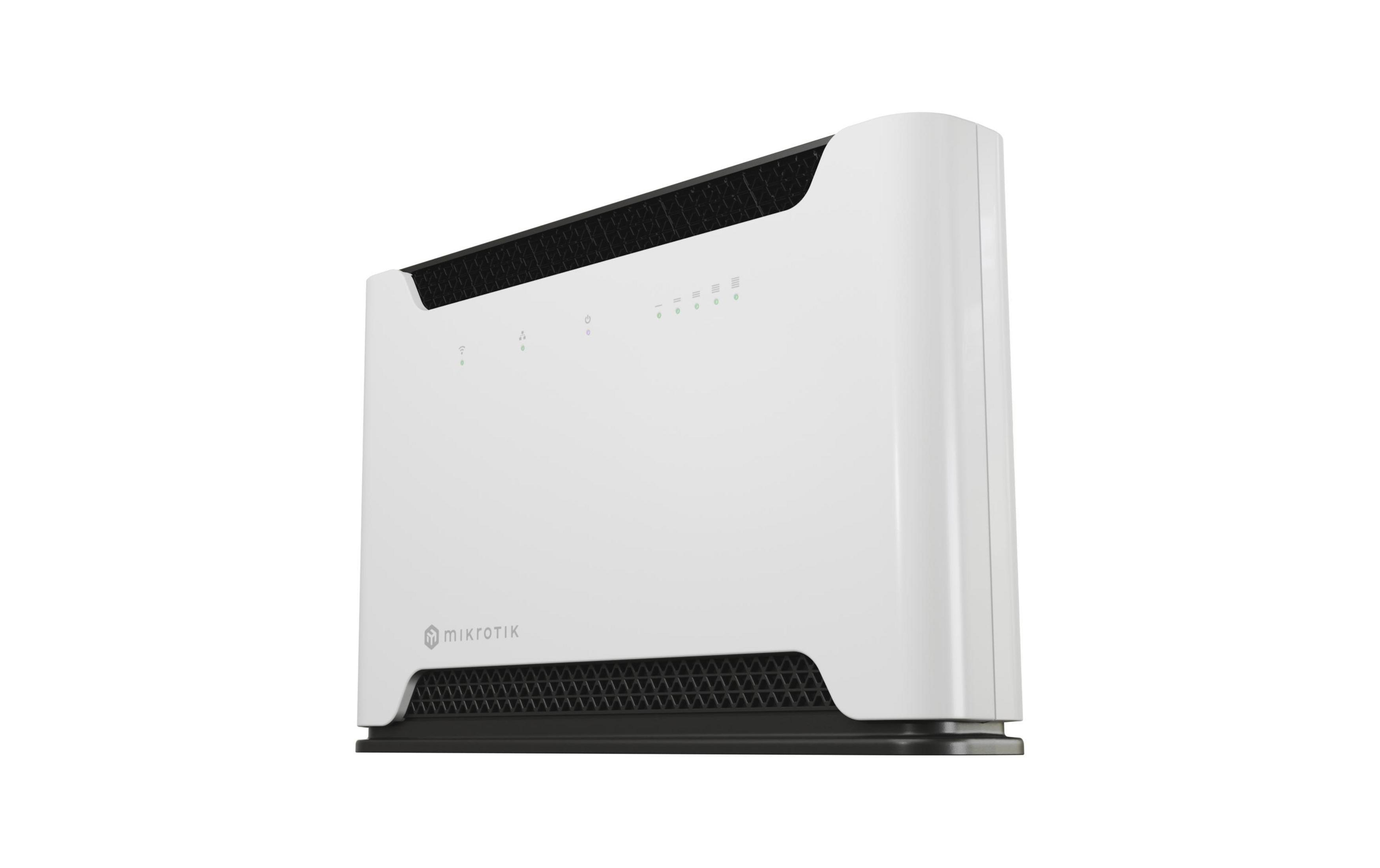 Un router Mikrotik bianco con prese d'aria e spie.