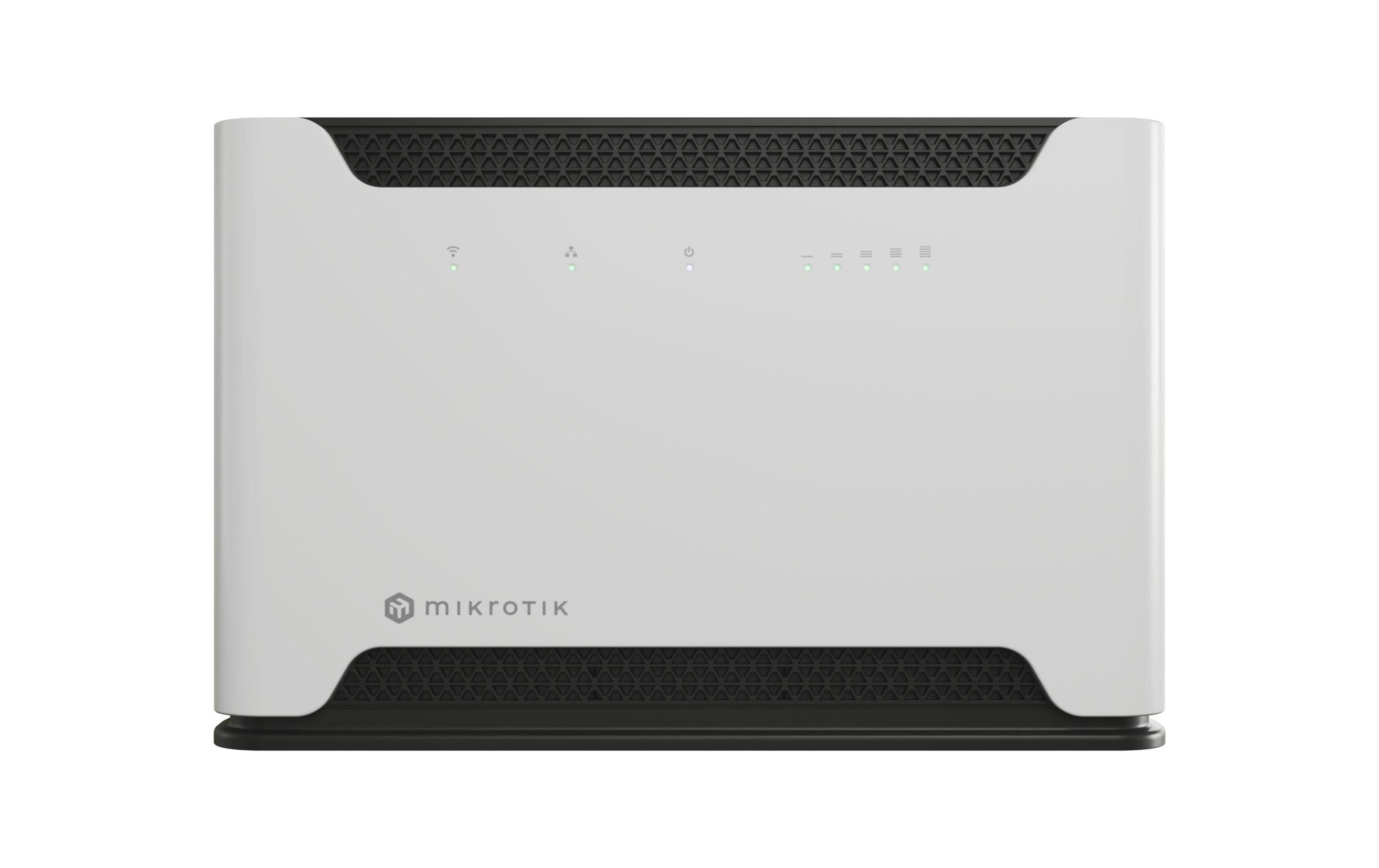 Un router Mikrotik bianco con prese d'aria nere e spie luminose.