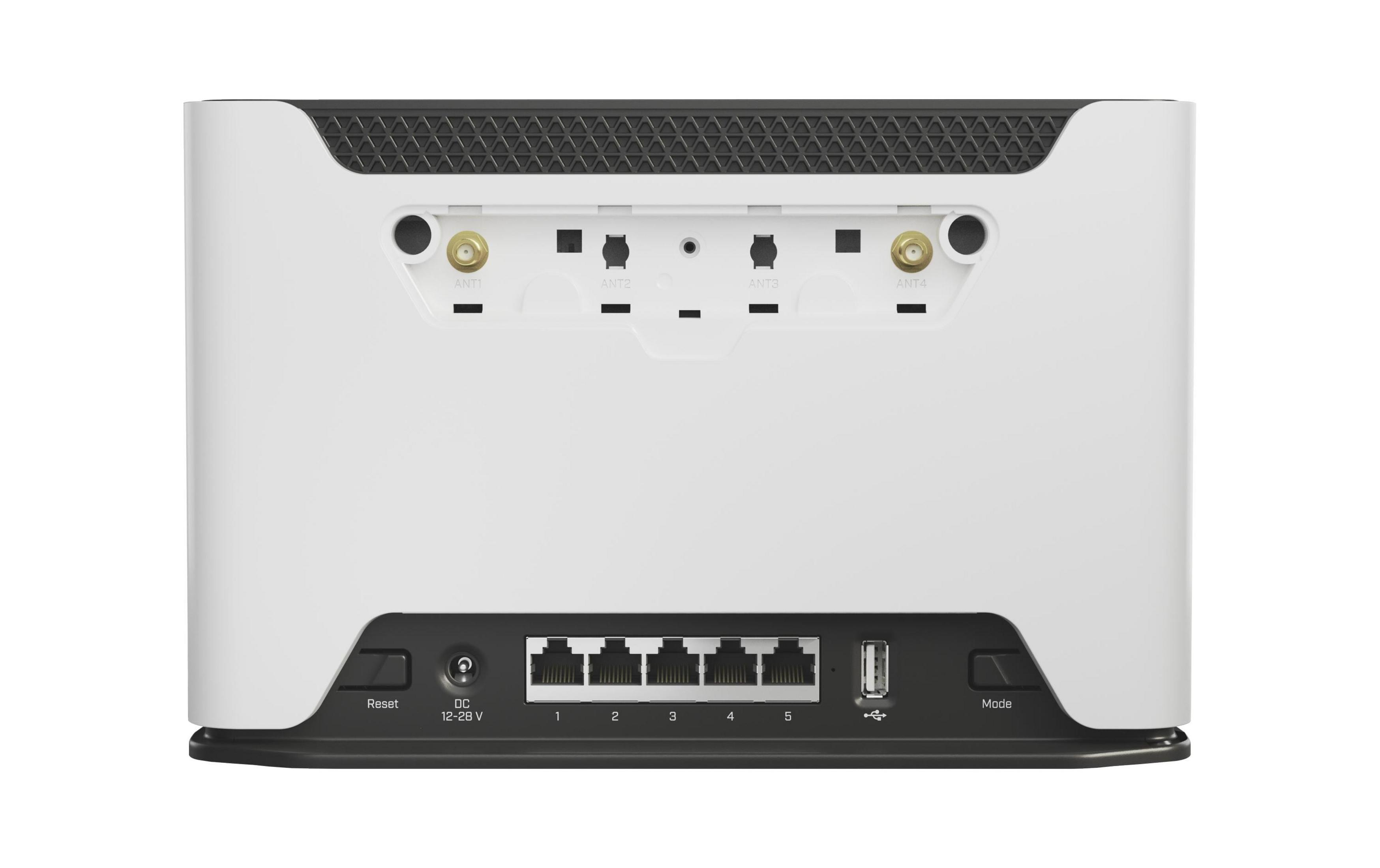 Retro di un router bianco con porte: 4 porte antenna, 5 porte LAN, 1 USB, Reset e Alimentazione.