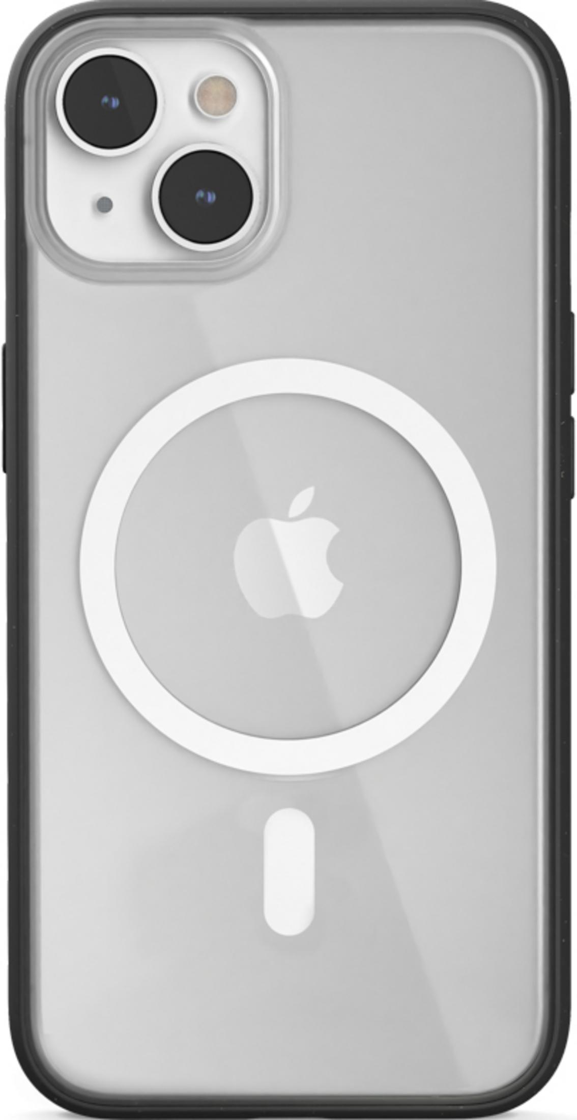 Ein transparenter Handyhülle mit schwarzen Kanten und einem Apple-Logo auf der Rückseite.