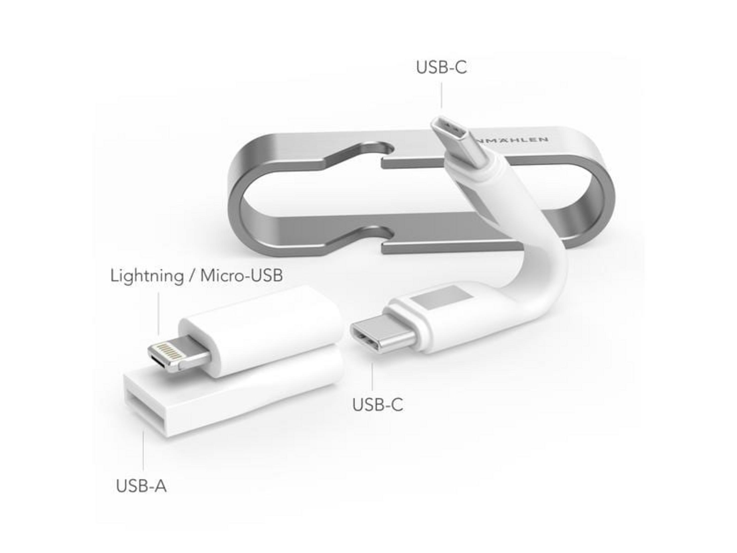 Un câble USB-C avec connecteurs Lightning/Micro-USB et USB-A sur fond blanc.