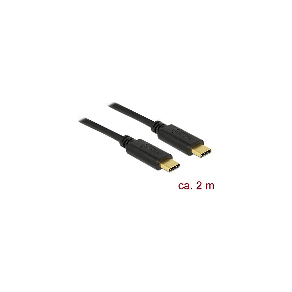 Ein schwarzes USB-C-Kabel mit vergoldeten Anschlüssen, ca. 2m lang.