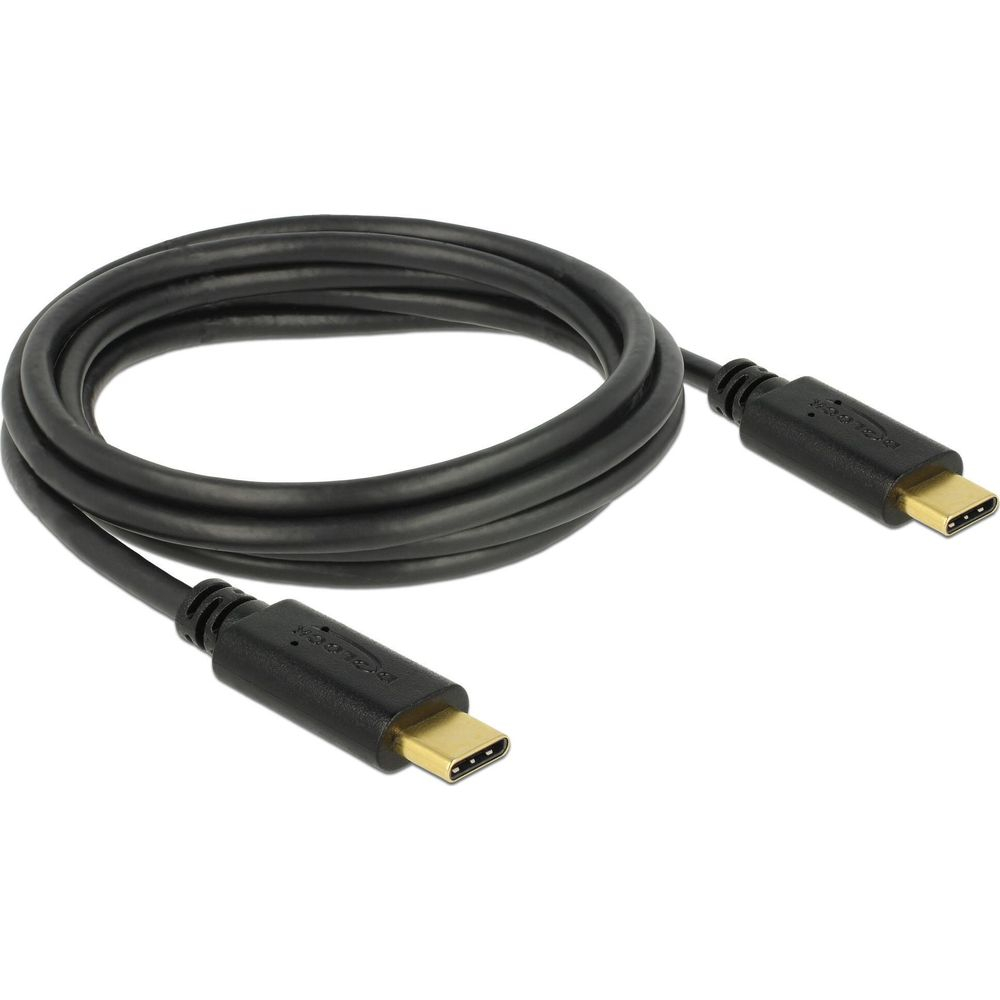 Ein aufgerolltes schwarzes USB-C-Kabel mit goldfarbenen Steckern auf weißem Hintergrund.