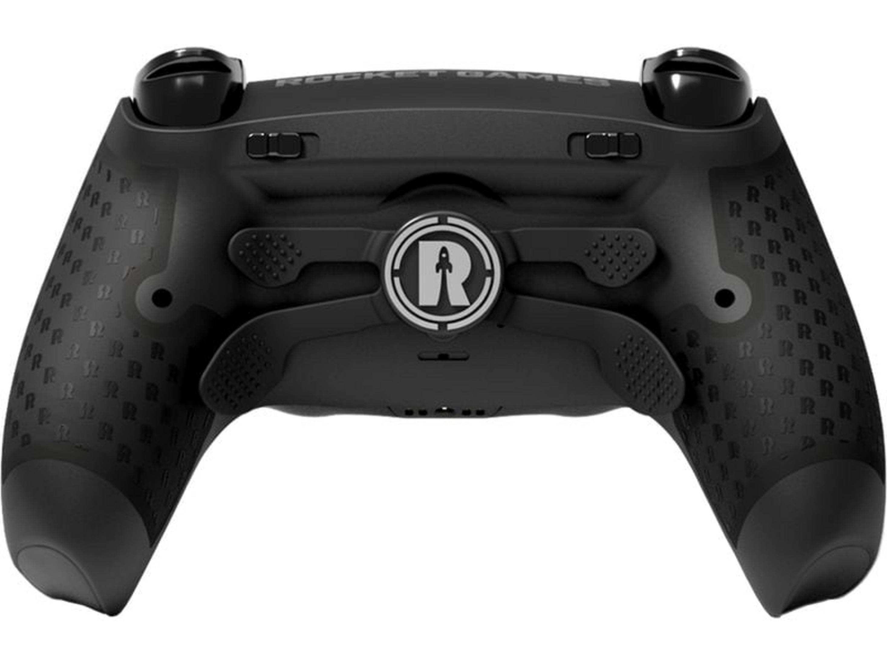 Schwarzer Gaming-Controller mit R-Logo und gummierten Griffen.