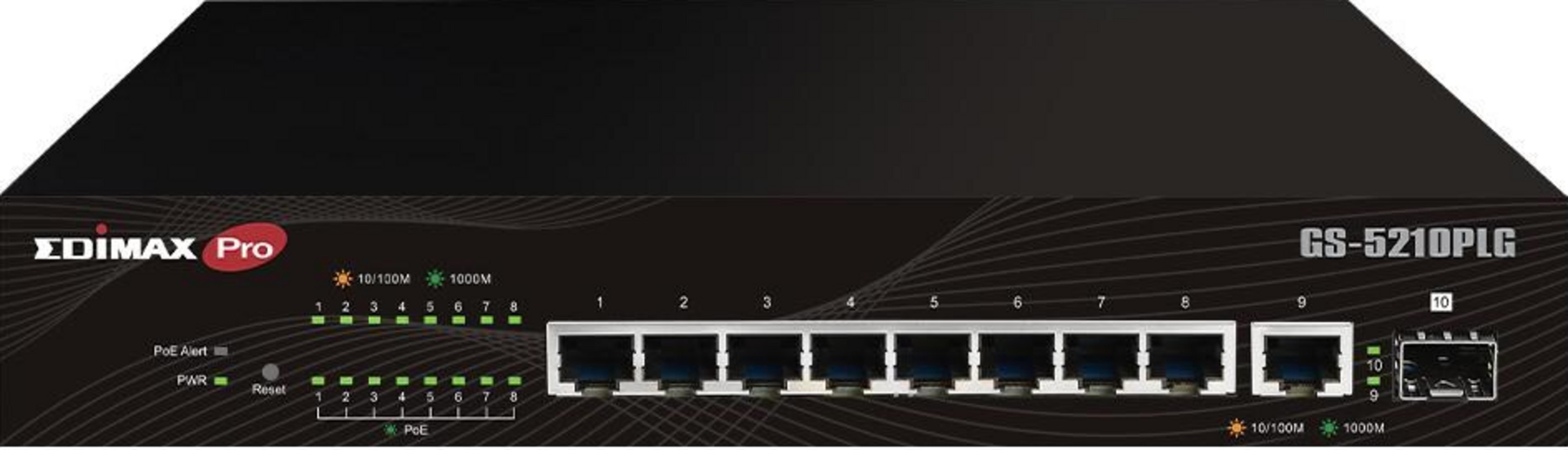 Czarny przełącznik sieciowy Edimax Pro GS-5210PLG z 10 portami Ethernet i diodami LED.