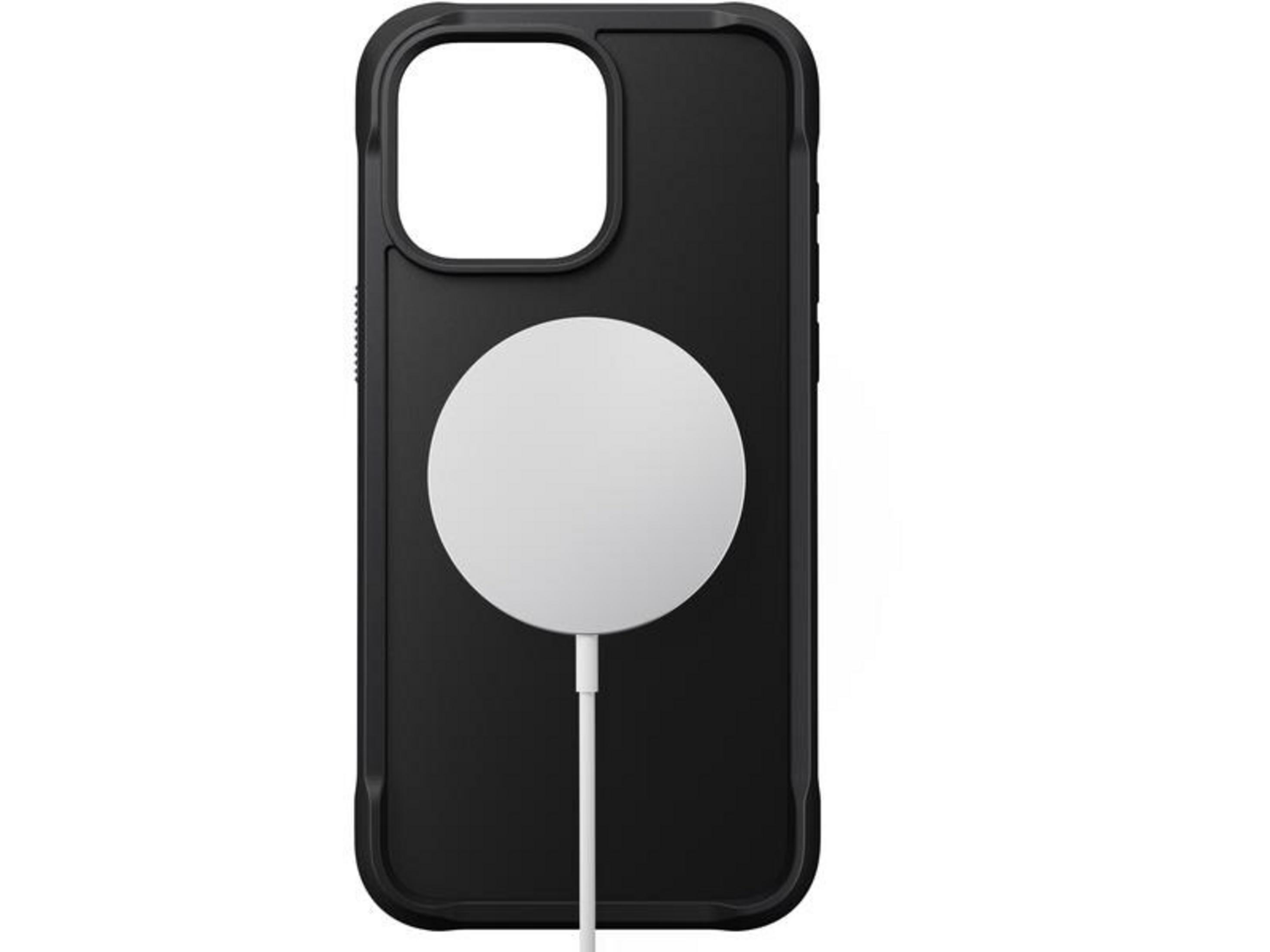 Schwarzes iPhone-Gehäuse mit MagSafe-Ladegerät und weißem Kabel.
