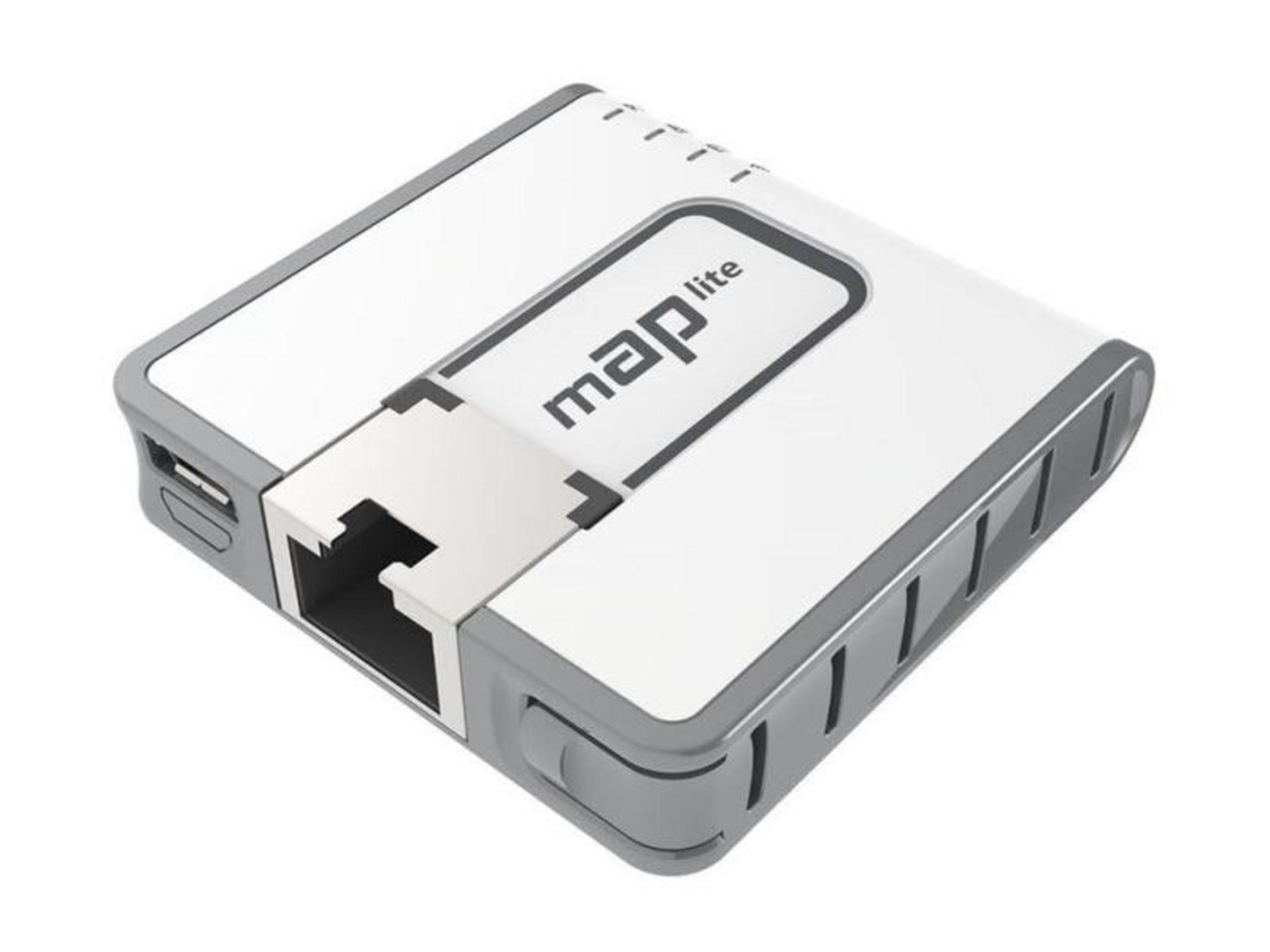 Biały i szary router z napisem "map lite" i portem USB.