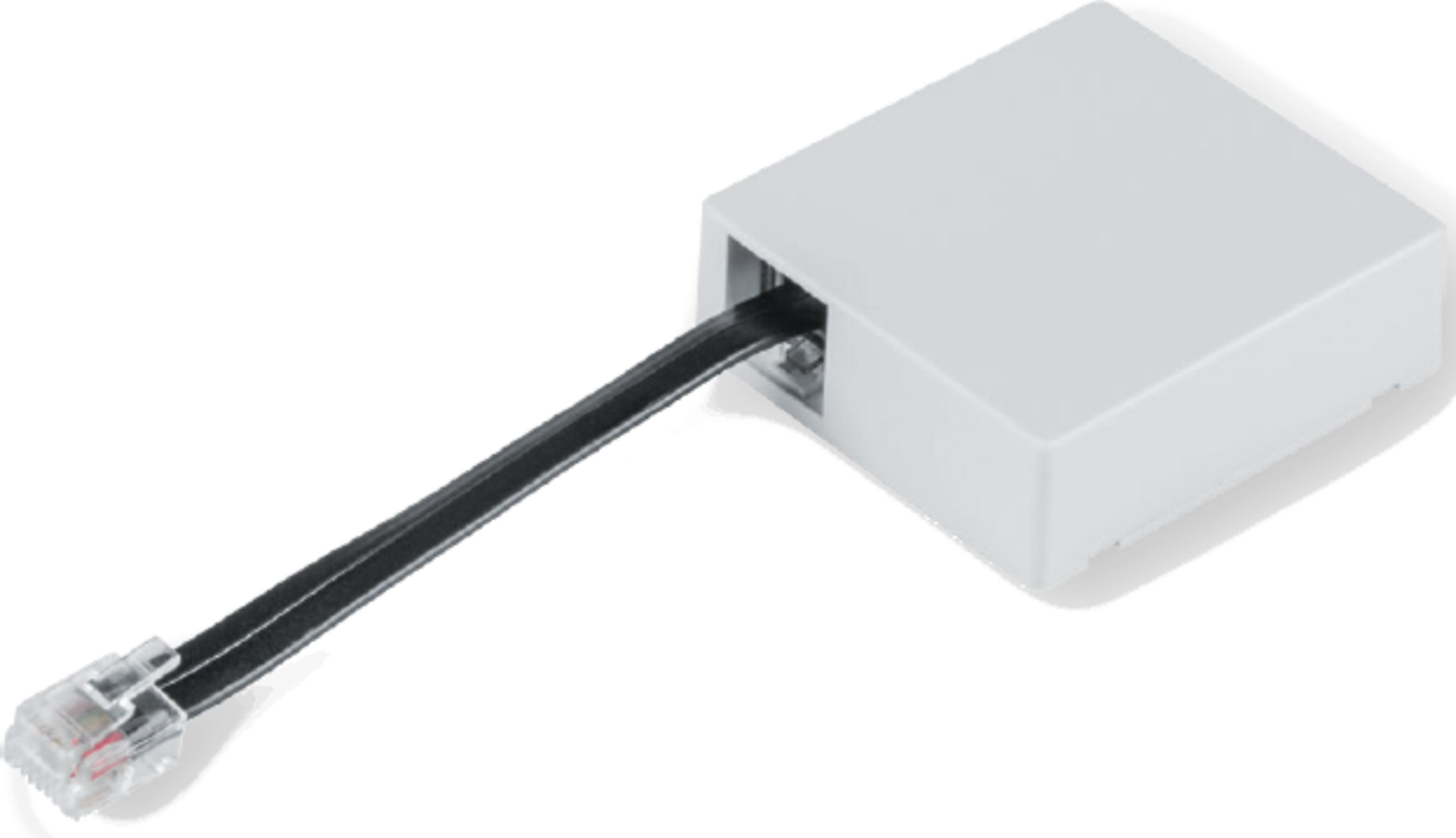 Ein weißes Gehäuse mit einem schwarzen Kabel und einem transparenten Stecker.