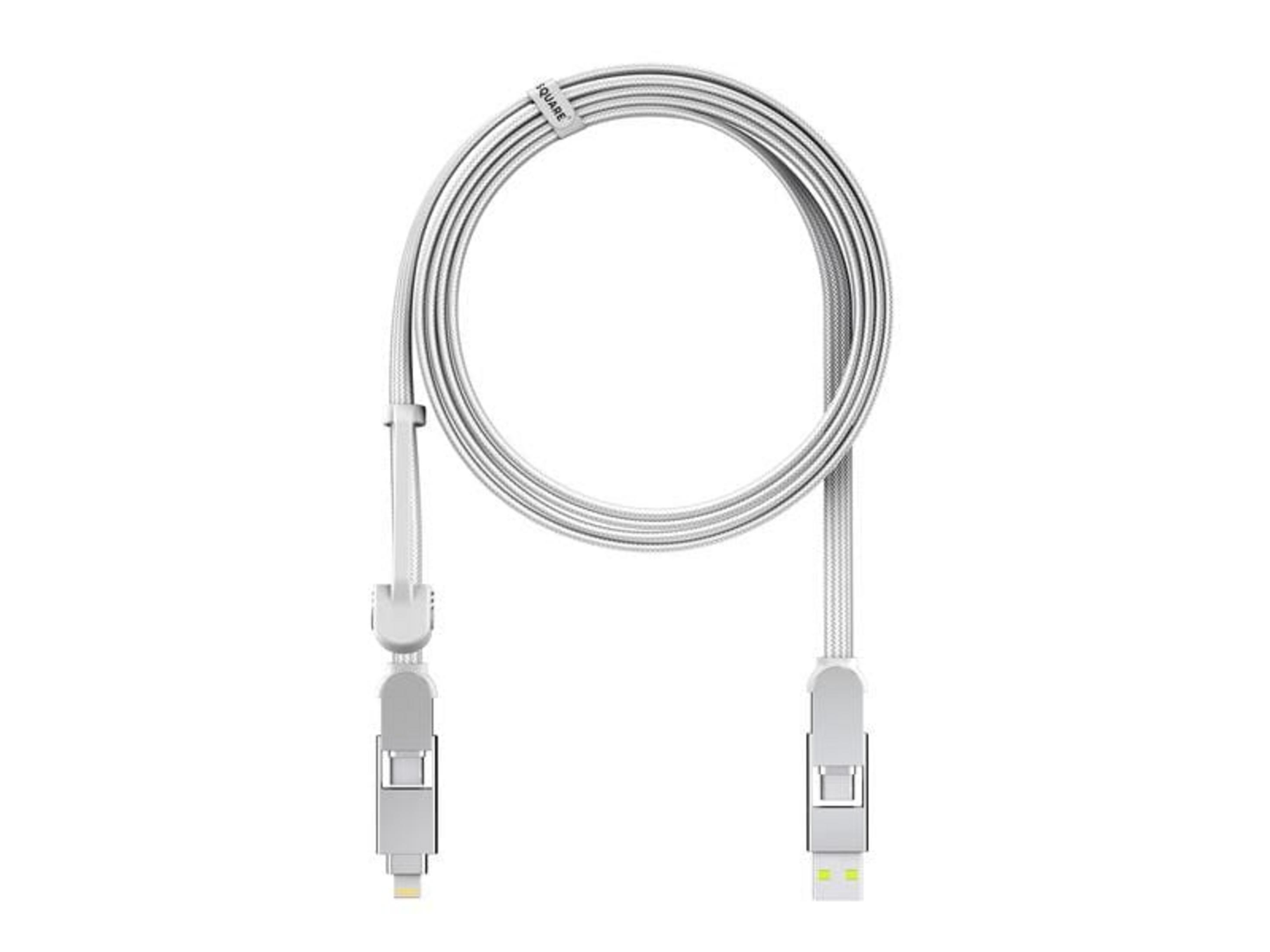 Ein weißes Ladekabel mit USB-A- und Lightning-Anschluss, auf weißem Hintergrund.