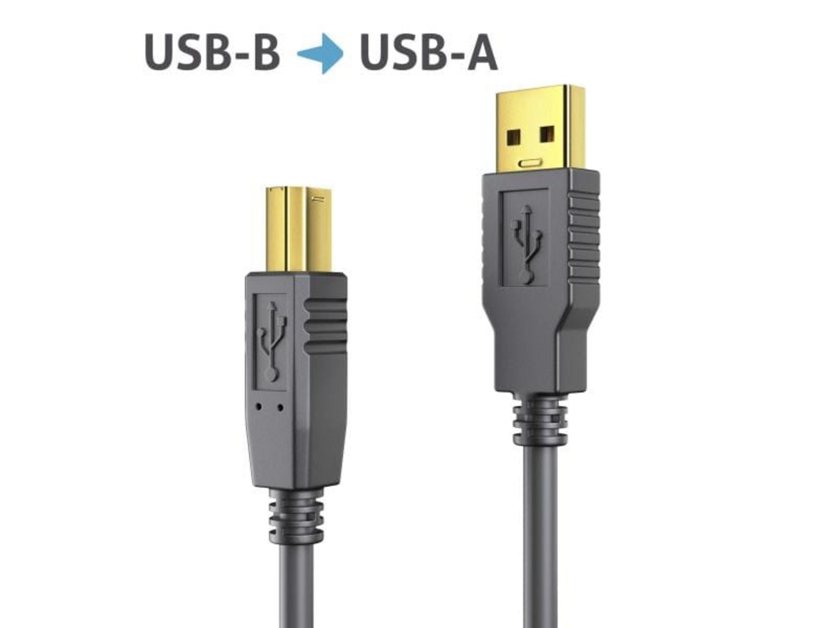 Due connettori cavo USB: a sinistra USB-B, a destra USB-A con contatti dorati.