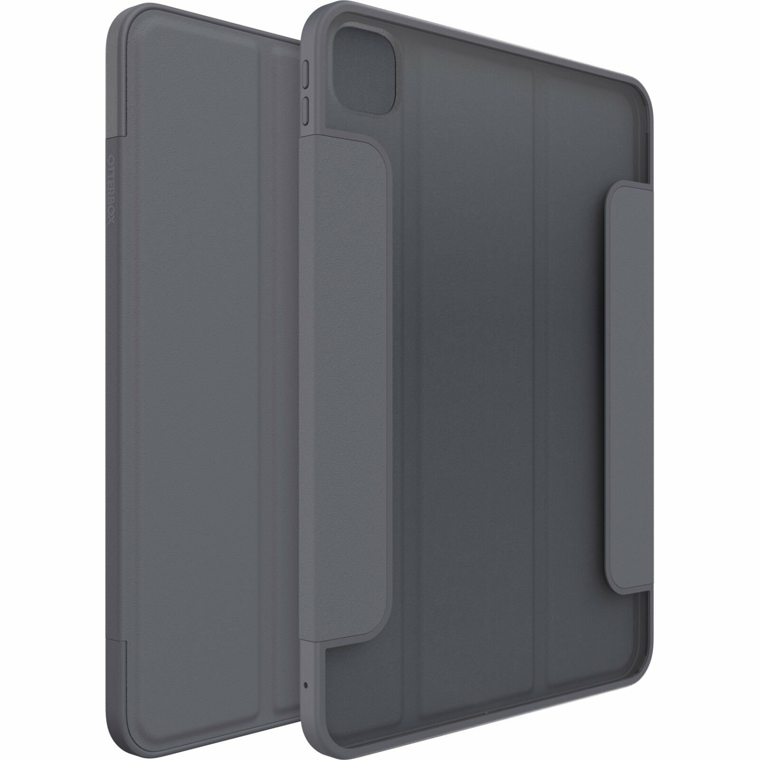 Graue Tablet-Hülle mit aufklappbarem Deckel und Stiftehalter.