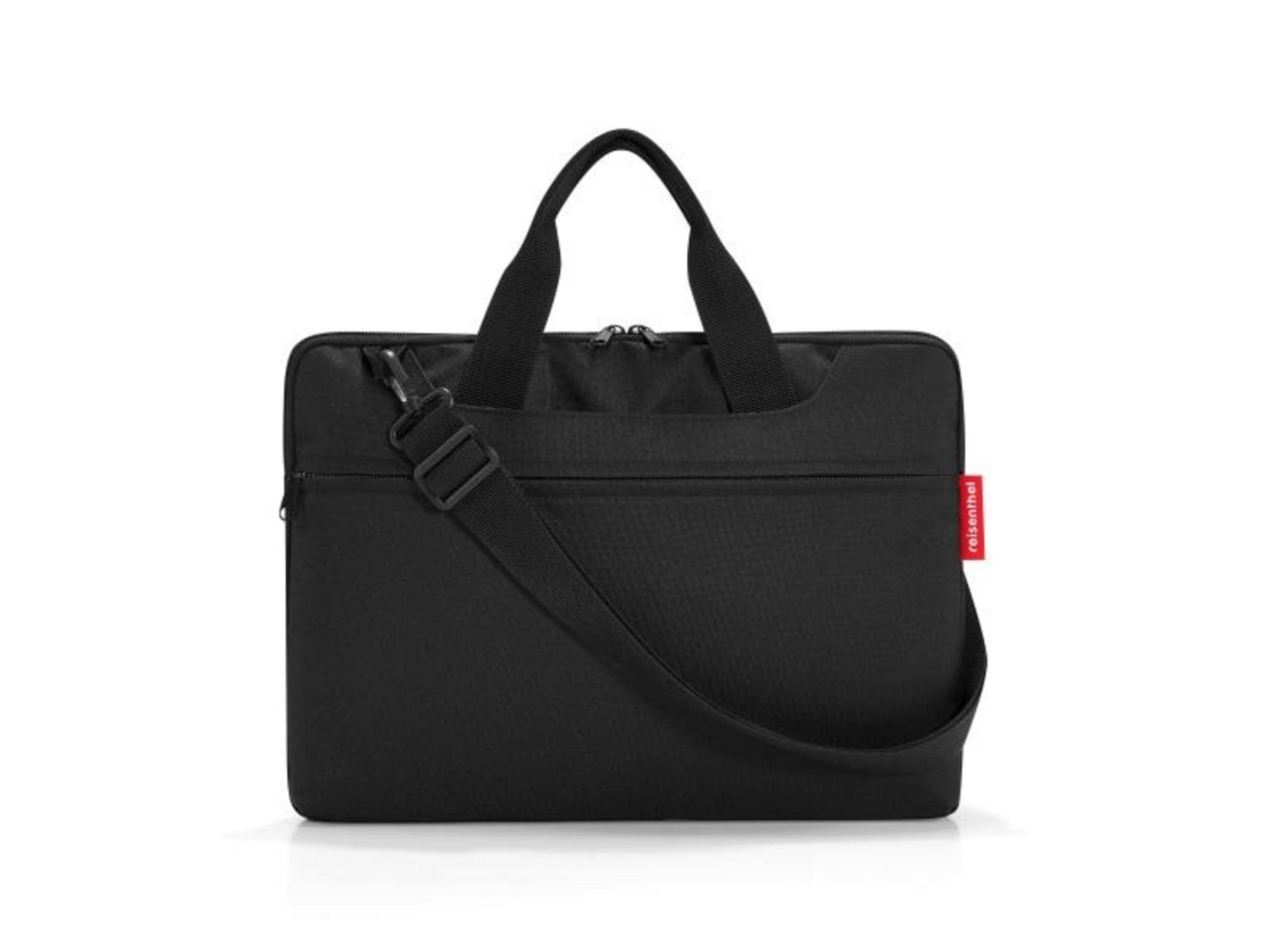 Borsa nera per laptop con manici e tracolla.