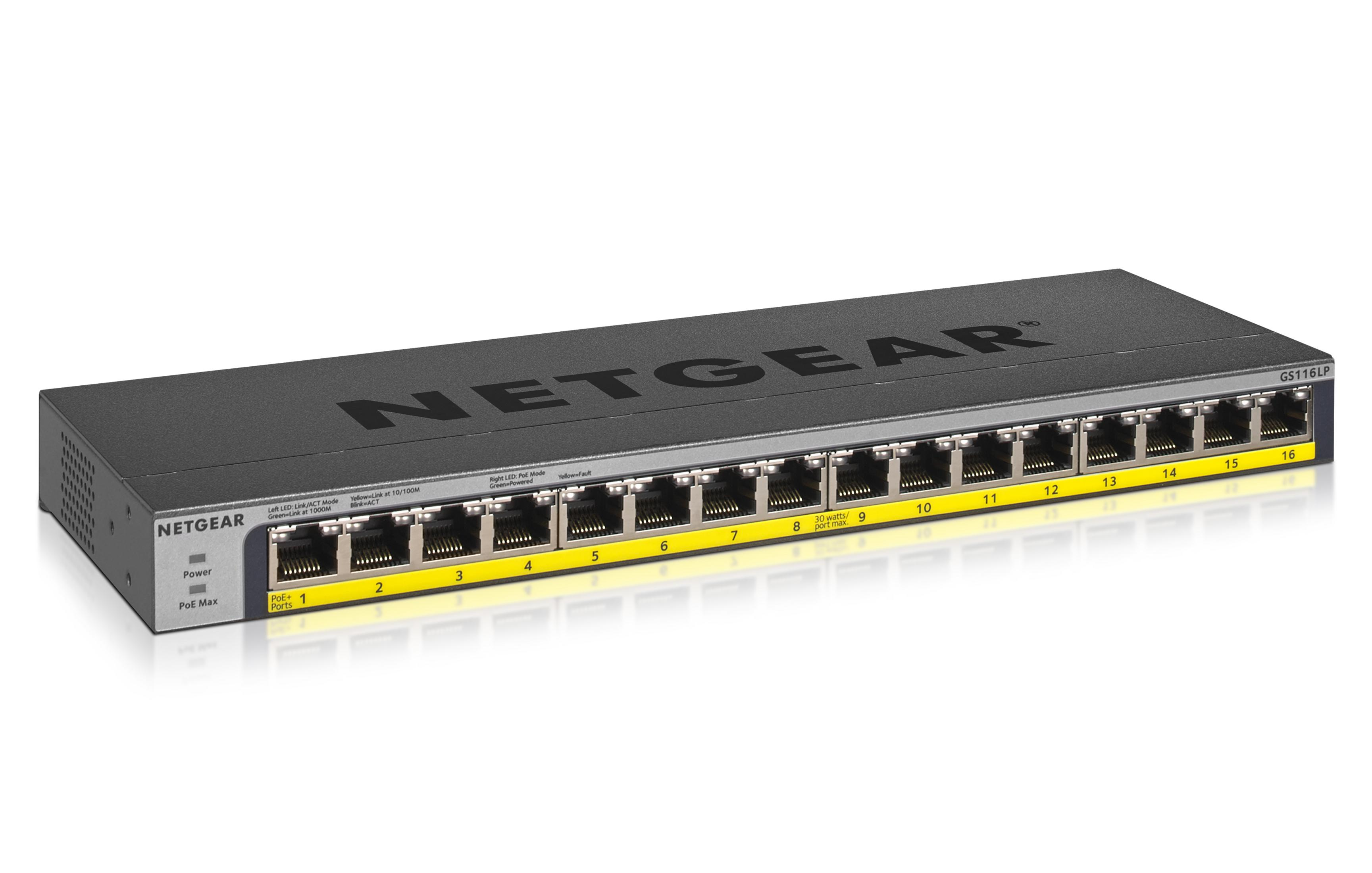 Czarny switch Netgear GS116LP z 16 portami, ponumerowanymi od 1 do 16.