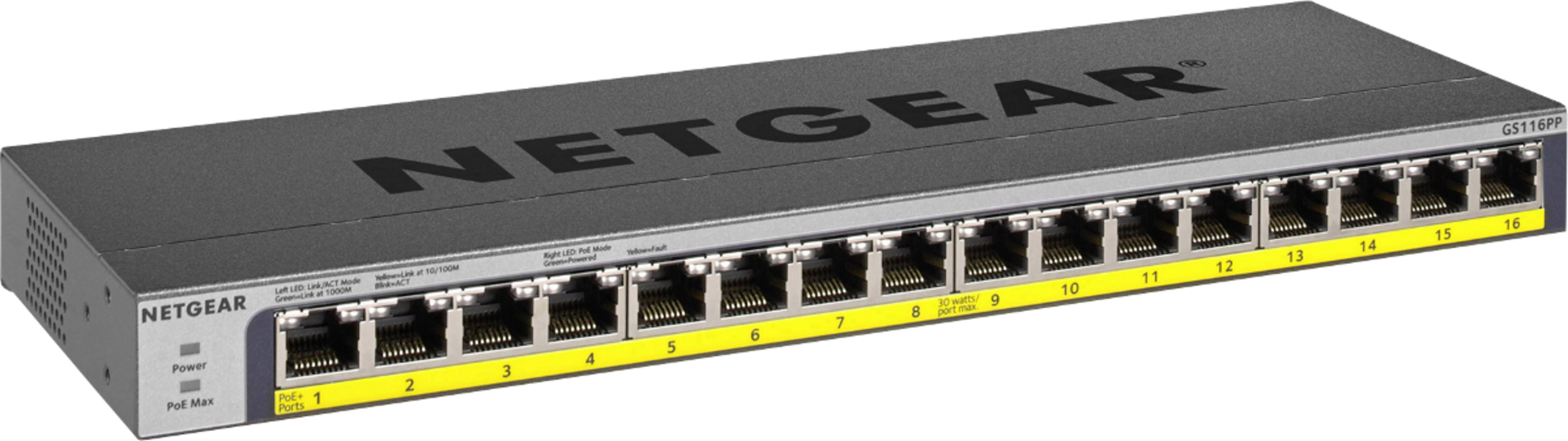 Szary 16-portowy przełącznik Gigabit Netgear GS116PP z portami RJ45.