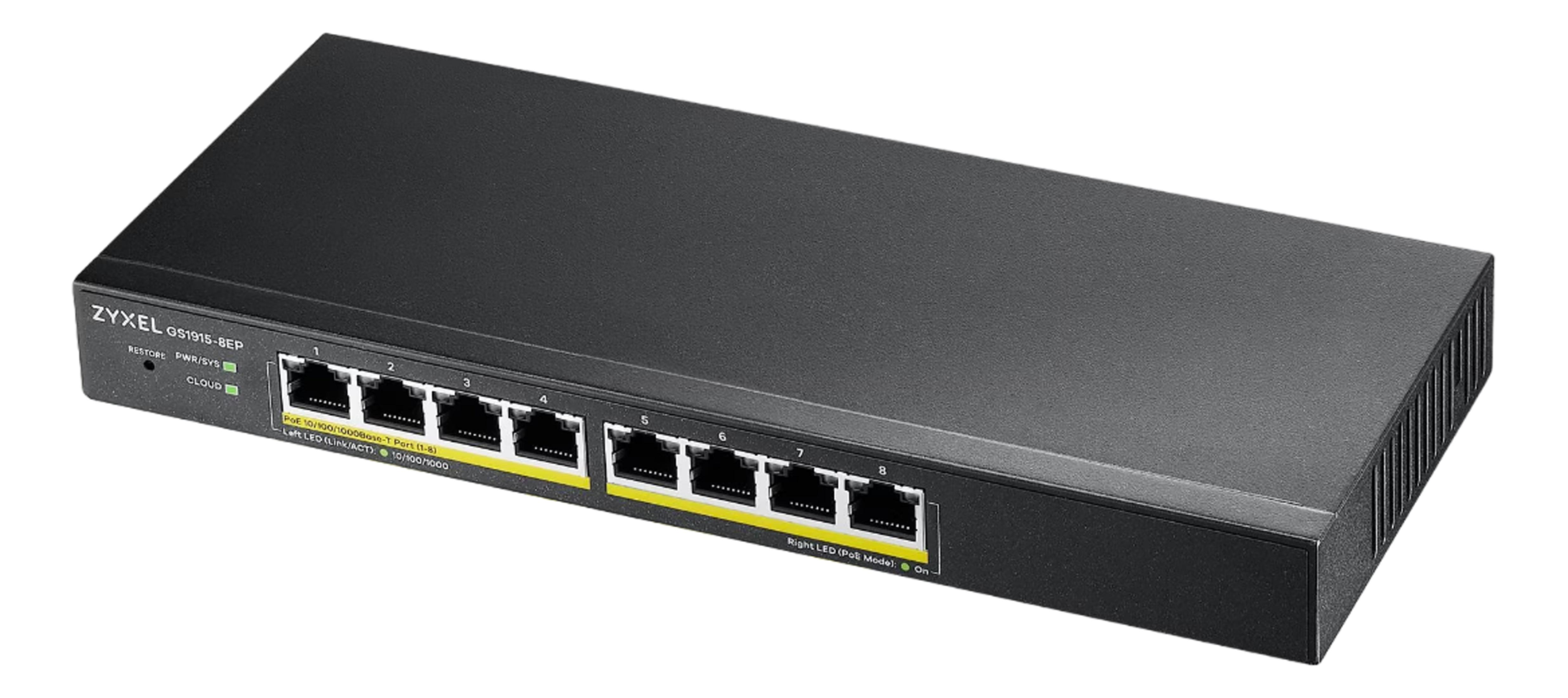 Czarny przełącznik sieciowy Zyxel GS1915-8EP z 8 portami.