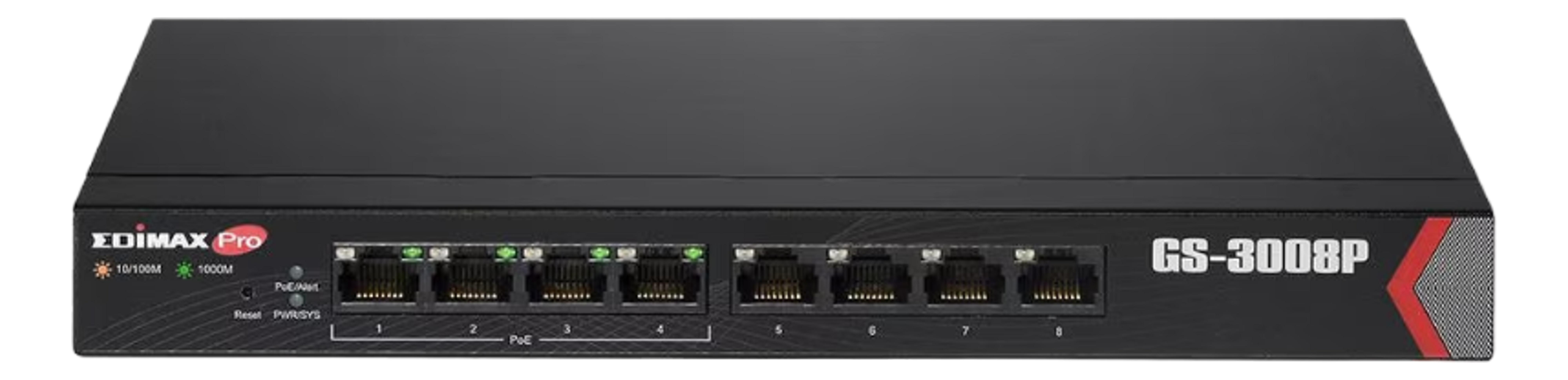 Switch di rete nero con 8 porte e indicatori LED.
