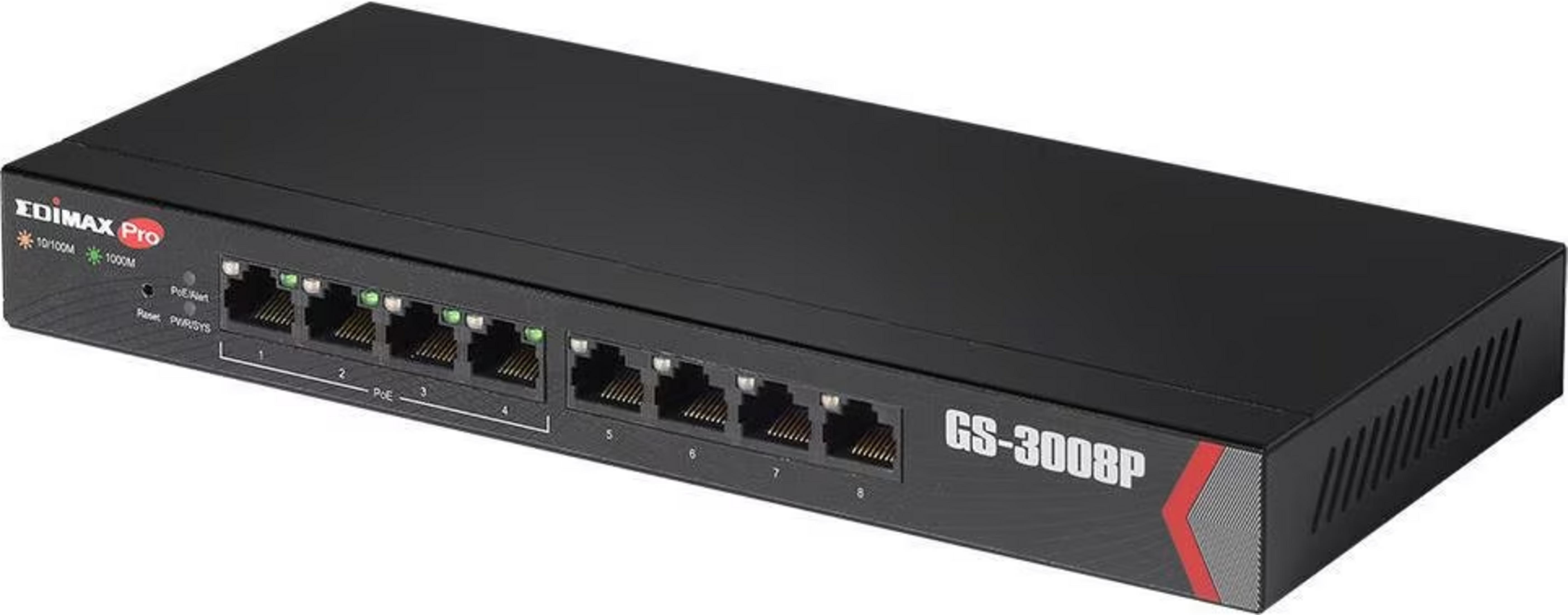Switch di rete nero Edimax Pro GS-3008P a 8 porte.