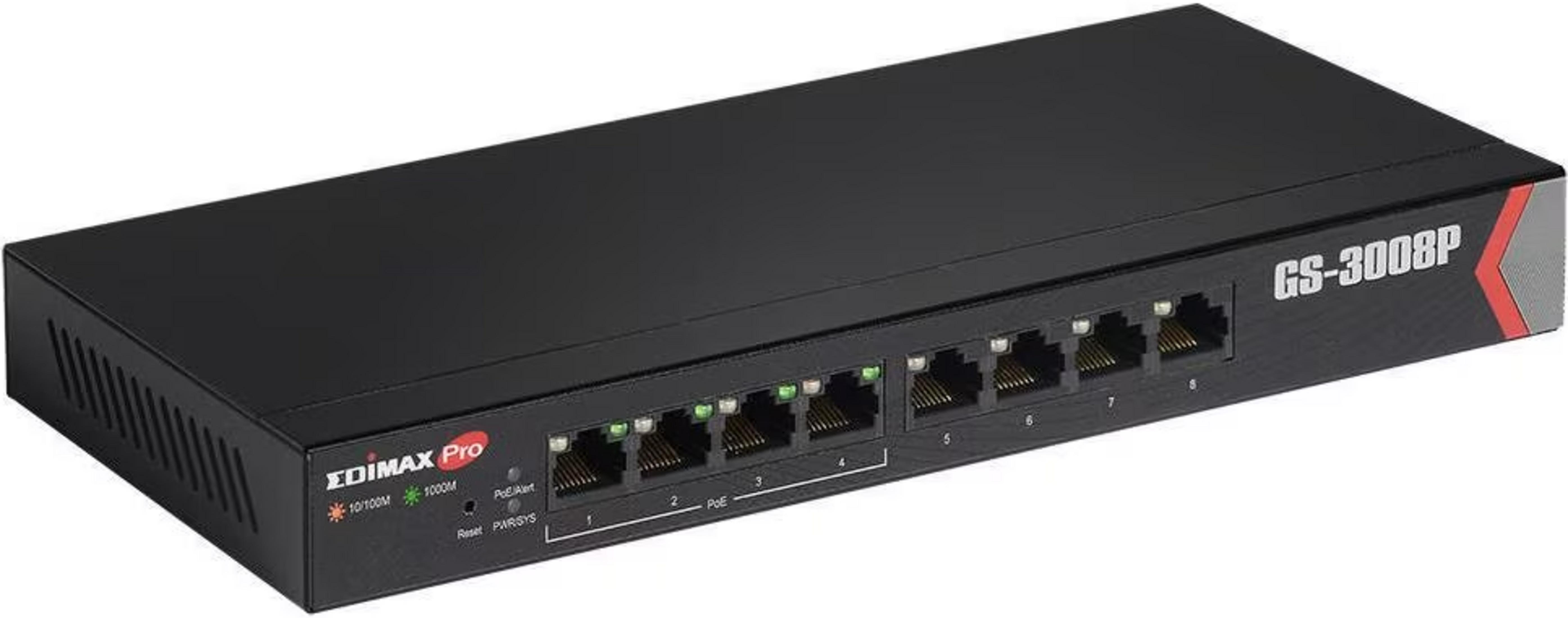 Switch di rete nero Edimax Pro GS-3008P a 8 porte con indicatori.