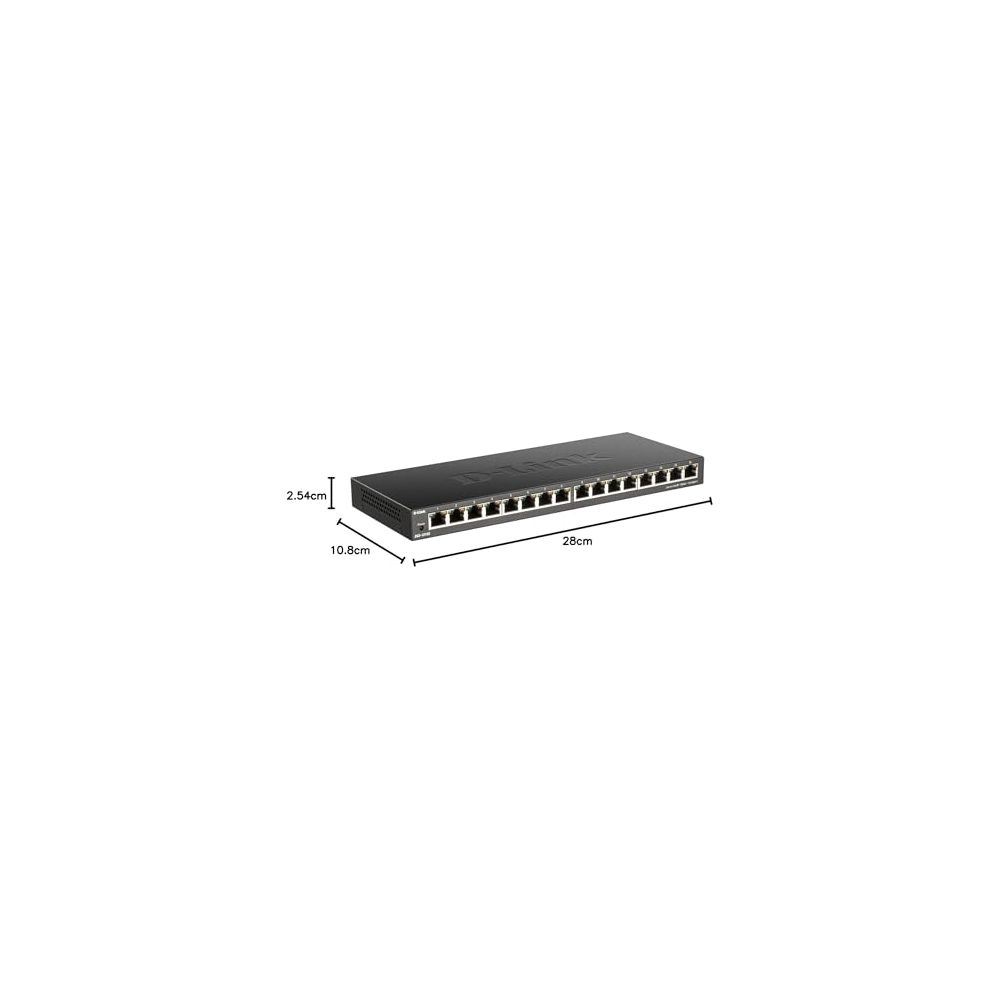 Uno switch di rete D-Link nero con 16 porte e dimensioni.