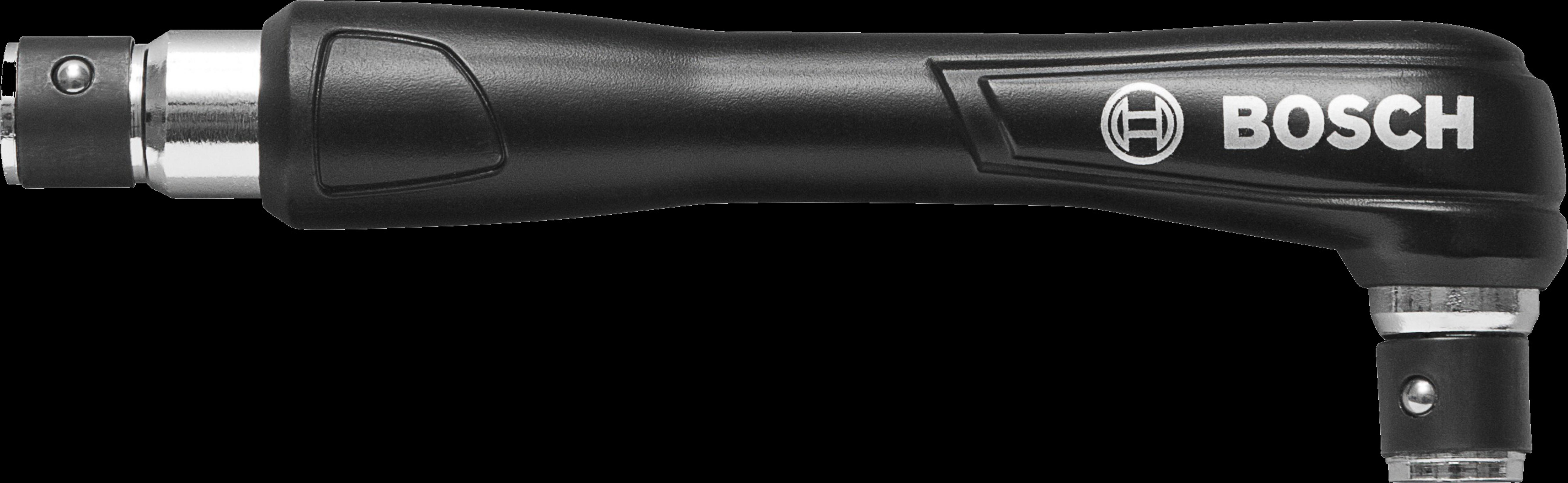 Une poignée coudée Bosch noire avec des raccords métalliques argentés.