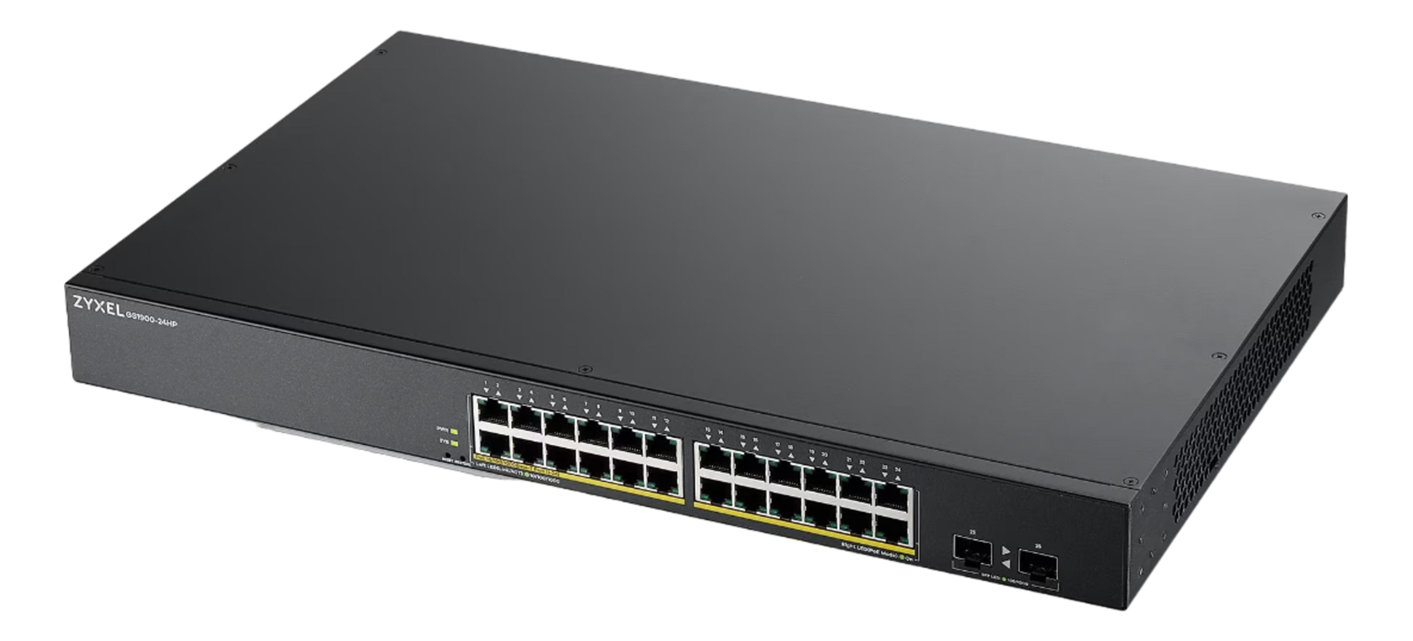 Czarny przełącznik sieciowy Zyxel z 24 portami i bocznymi otworami wentylacyjnymi.