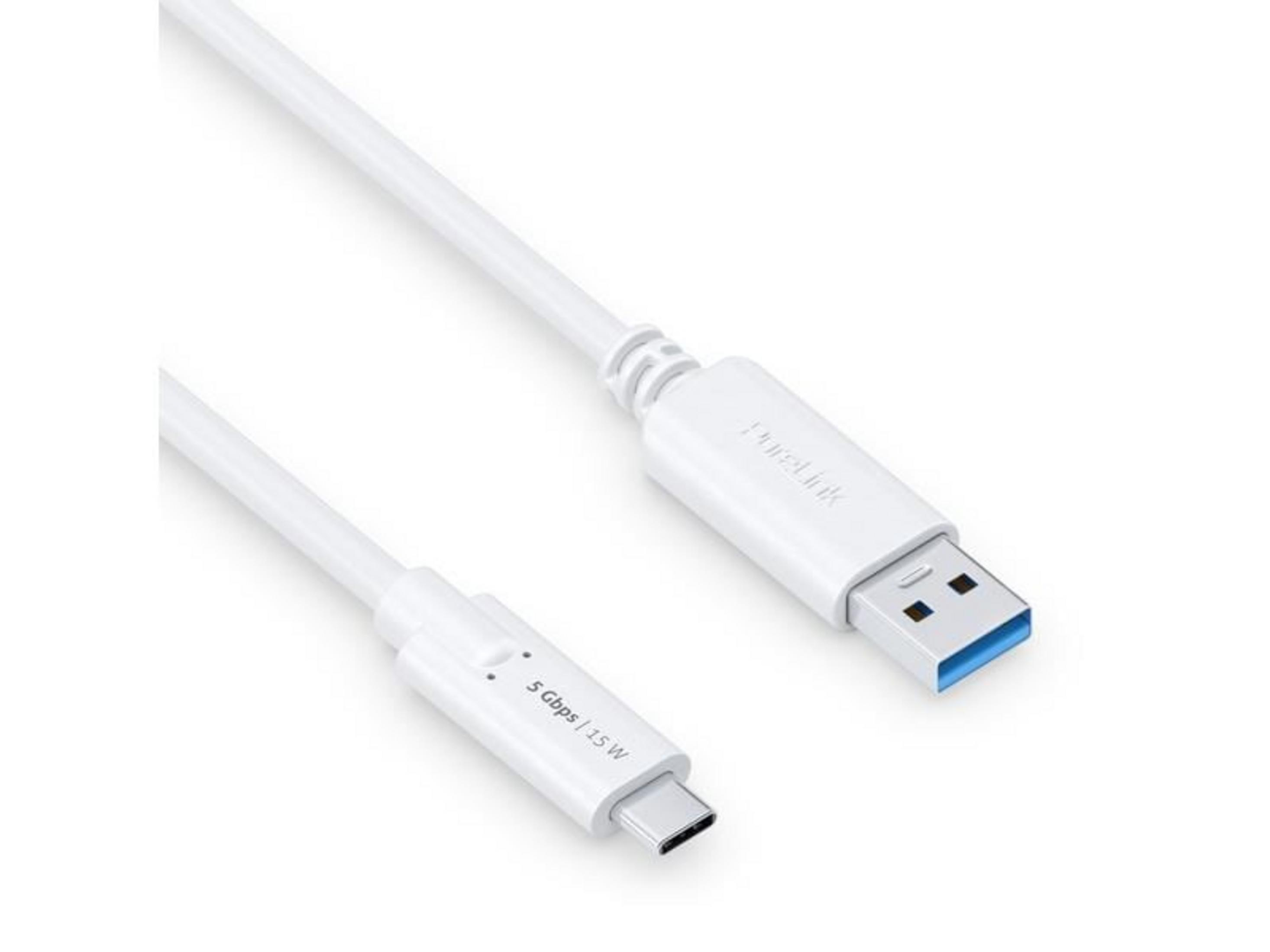 Biały kabel USB-C do USB-A z oznaczonymi złączami.