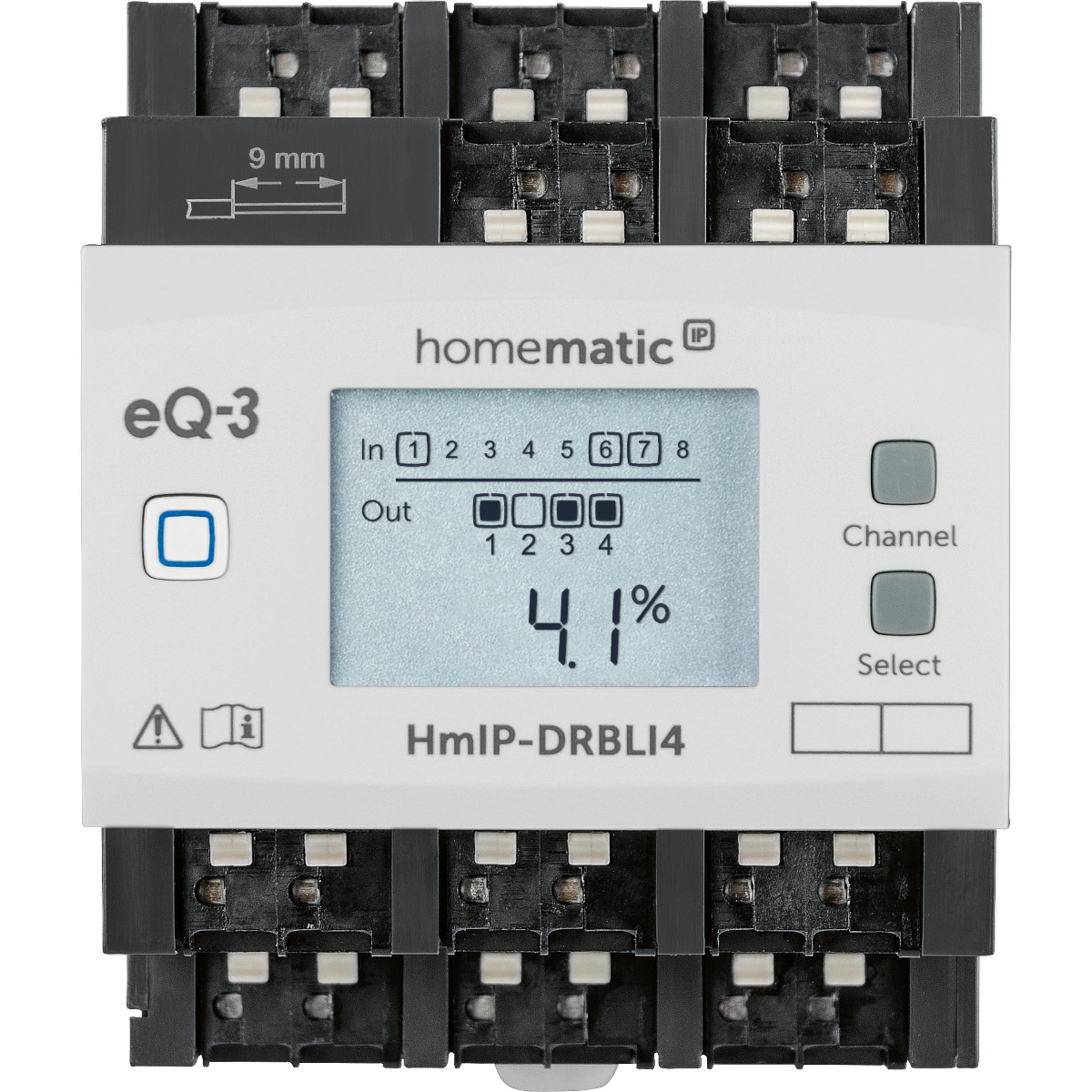 Homematic eQ-3 Gerät mit Display zeigt 4.1% und Kanalauswahl.