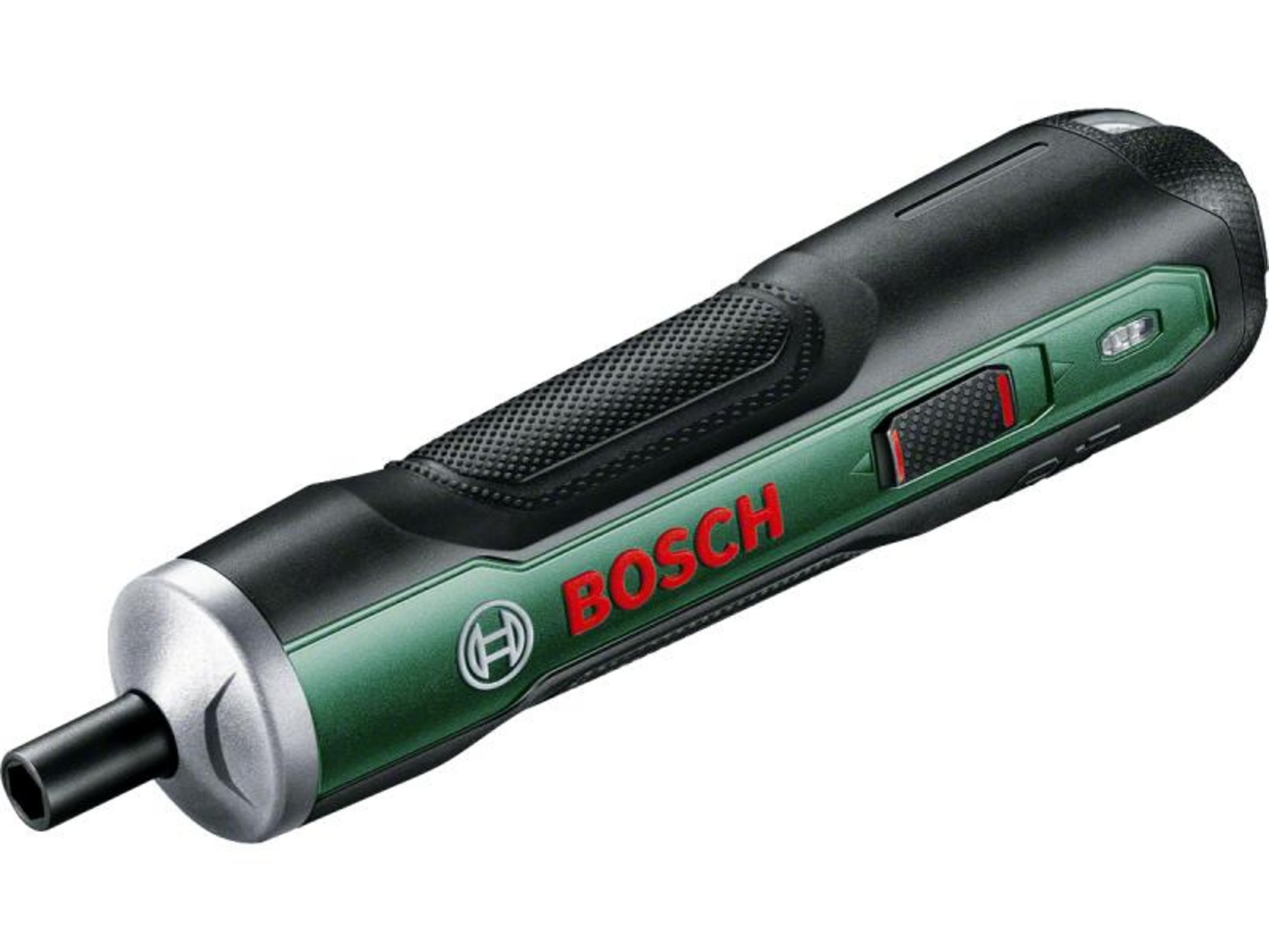 Czarny wkrętak Bosch z zielonymi akcentami i metalową końcówką.