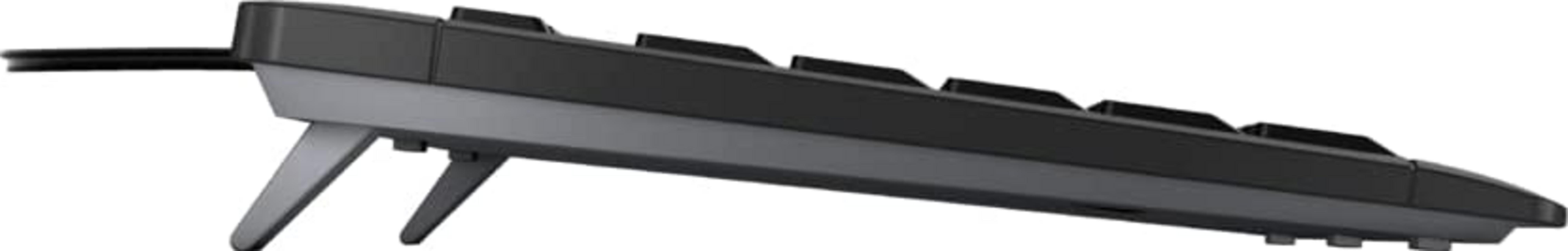 Eine schwarze Computertastatur im Seitenprofil mit ausklappbaren Füßen.