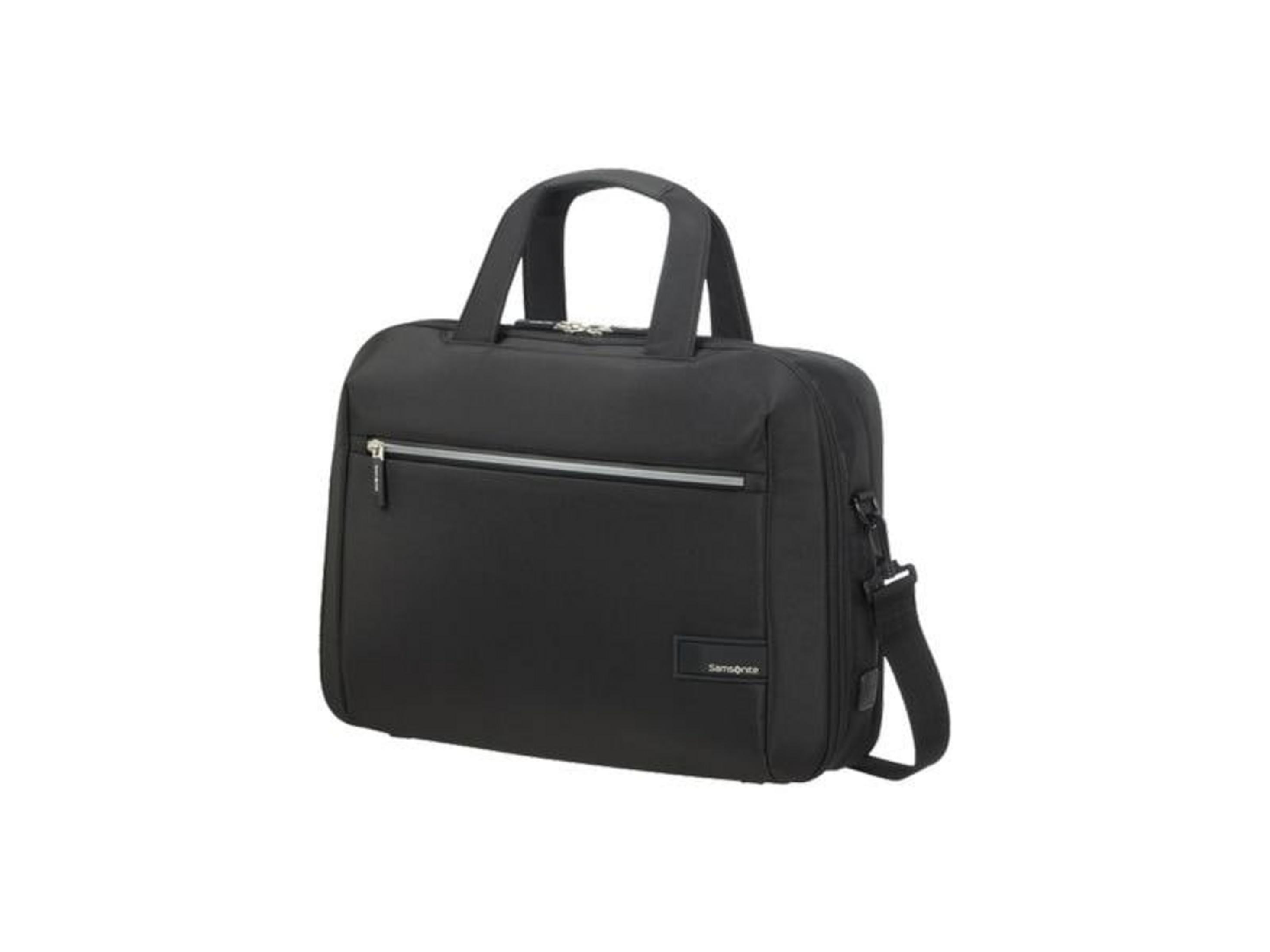 Borsa nera Samsonite per laptop con manici e tracolla.