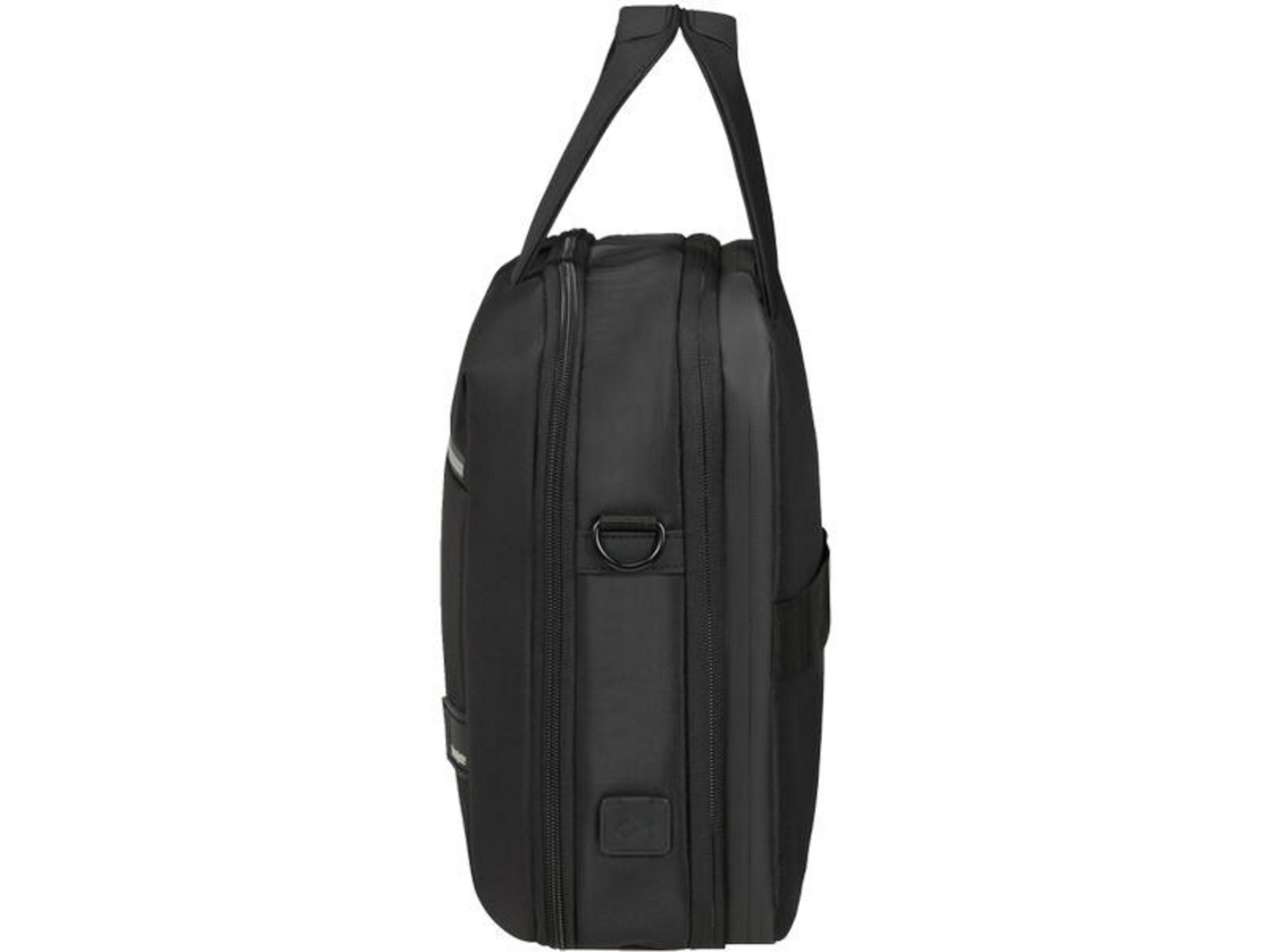 Borsa nera per laptop con manico e chiusura a zip.