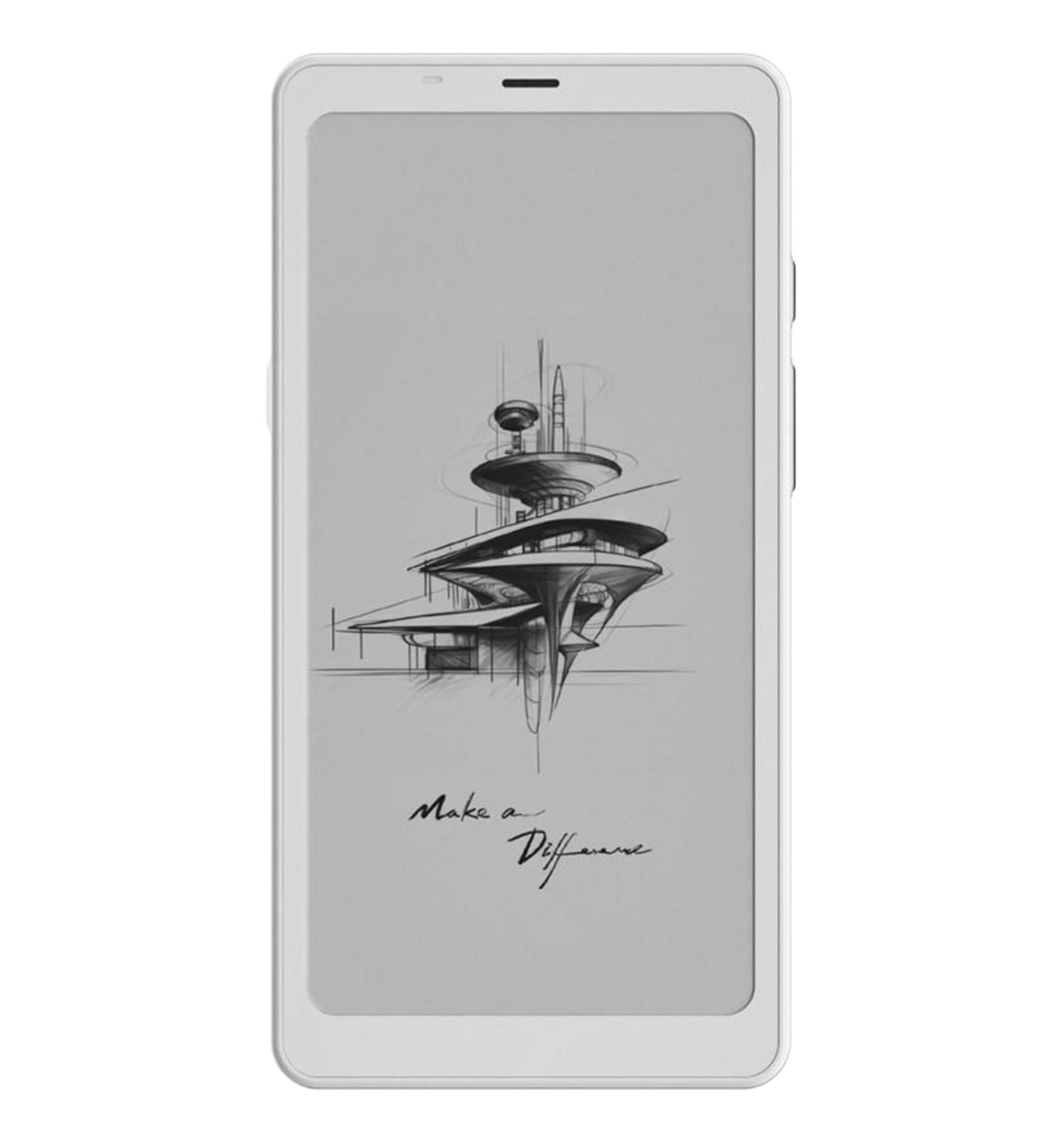 Biały czytnik e-booków z ołówkowym szkicem futurystycznego budynku i tekstem.