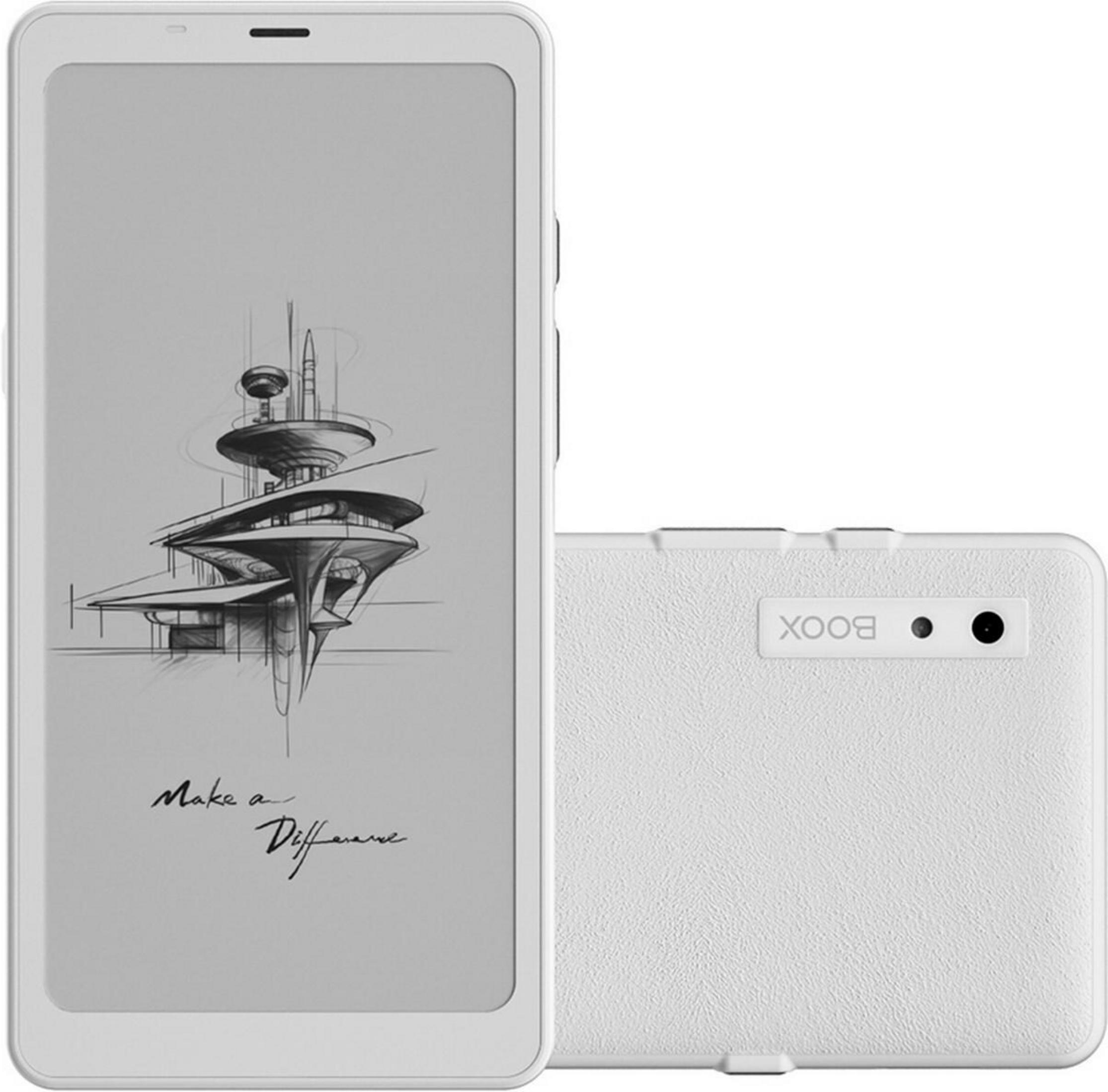 Białe urządzenie do czytania e-booków z rysunkiem futurystycznego budynku i tekstem.