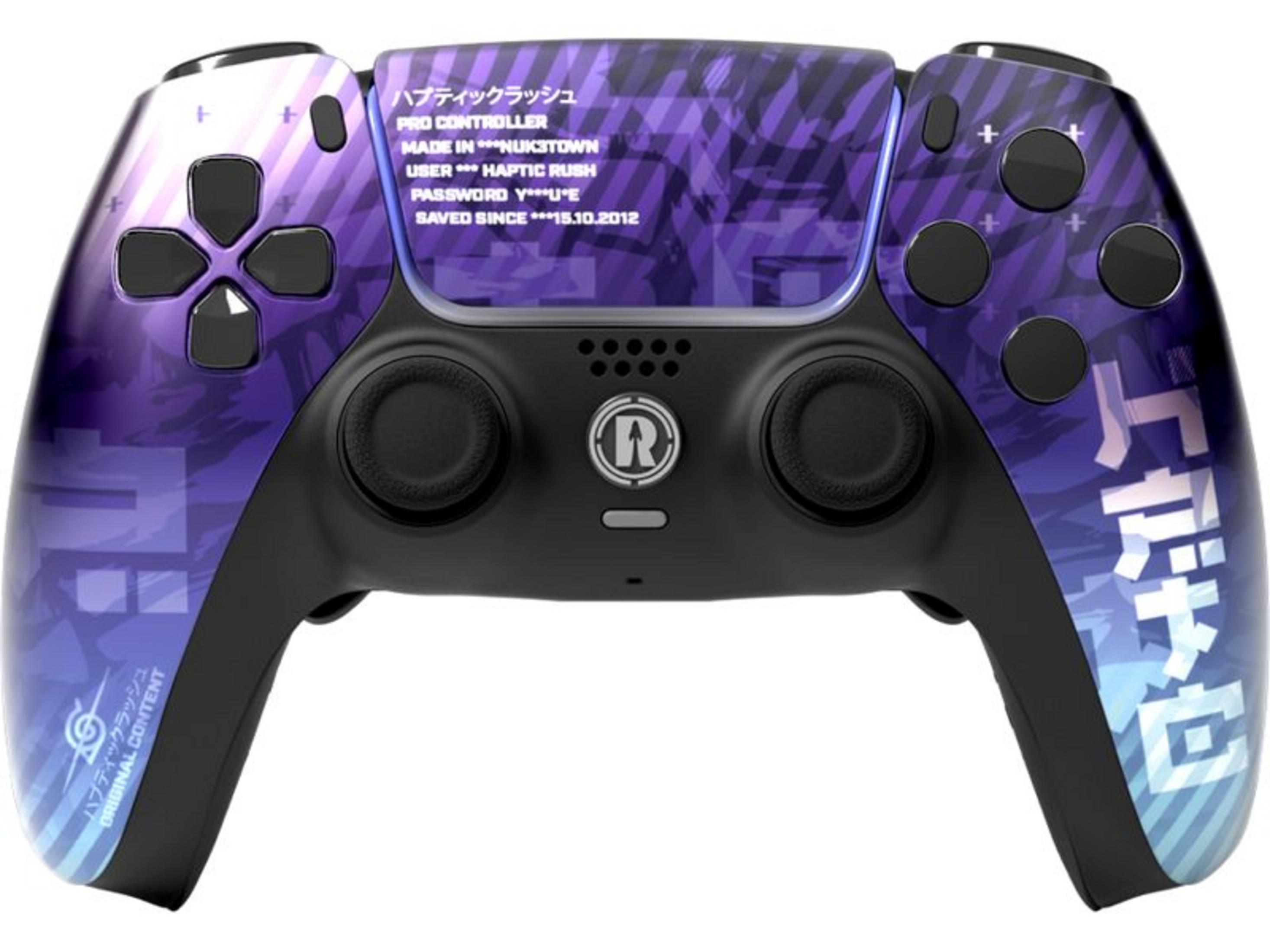 Lila Controller mit Streifenmuster und japanischer Schrift. Mit Tasten und Joysticks.