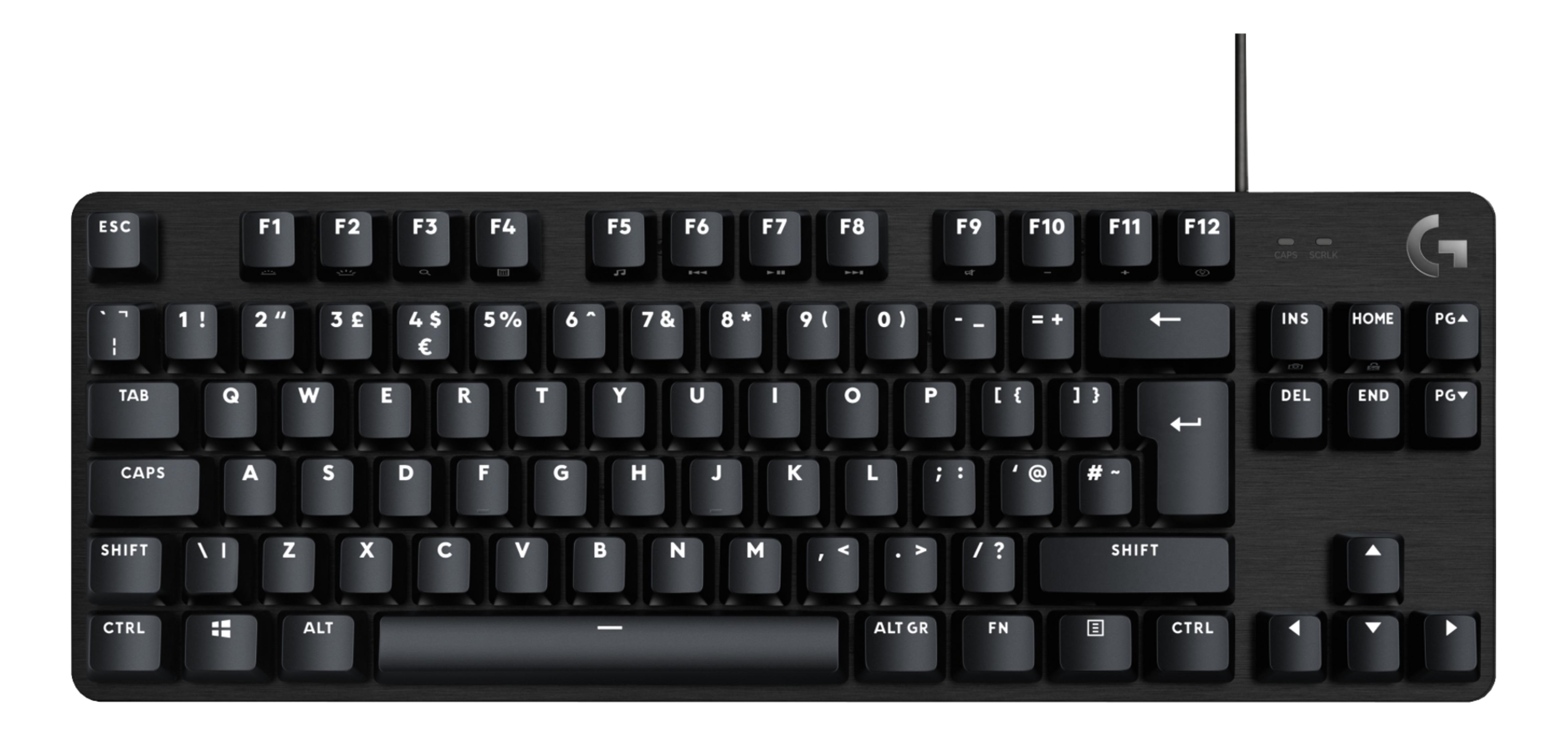 Czarna klawiatura gamingowa Logitech z podświetlanymi klawiszami i srebrnymi akcentami.