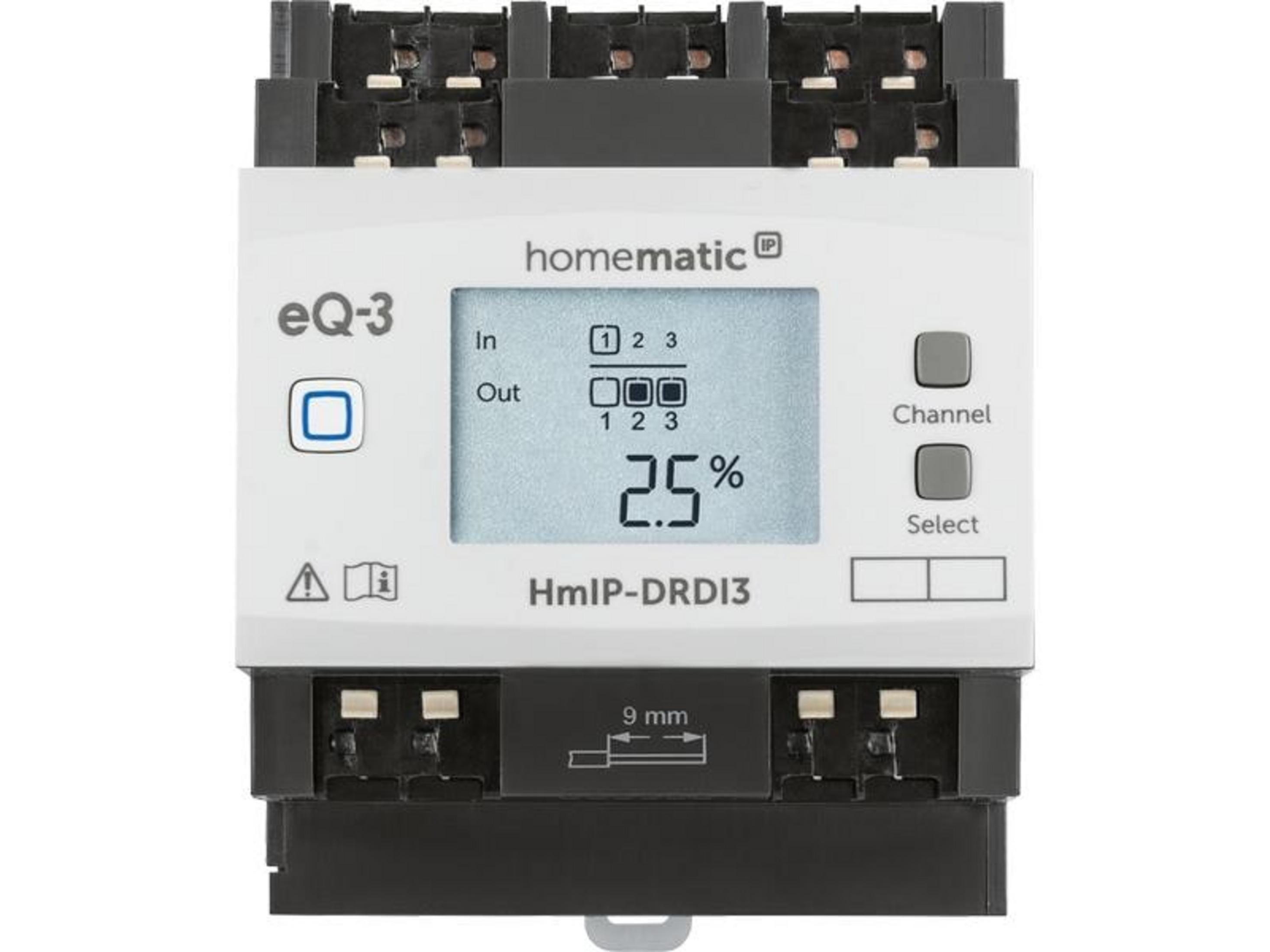 Ein Homematic eQ-3 HmlP-DRD13 Gerät mit LCD-Anzeige und Tasten.