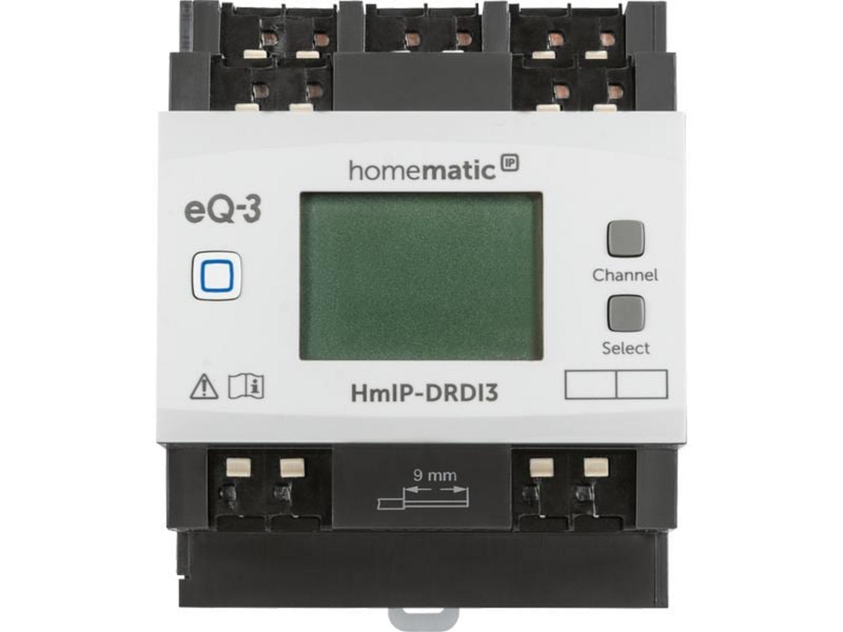 Ein weißes Homematic eQ-3 HmlP-DRDI3 Gerät mit einem grünen Display und Tasten.