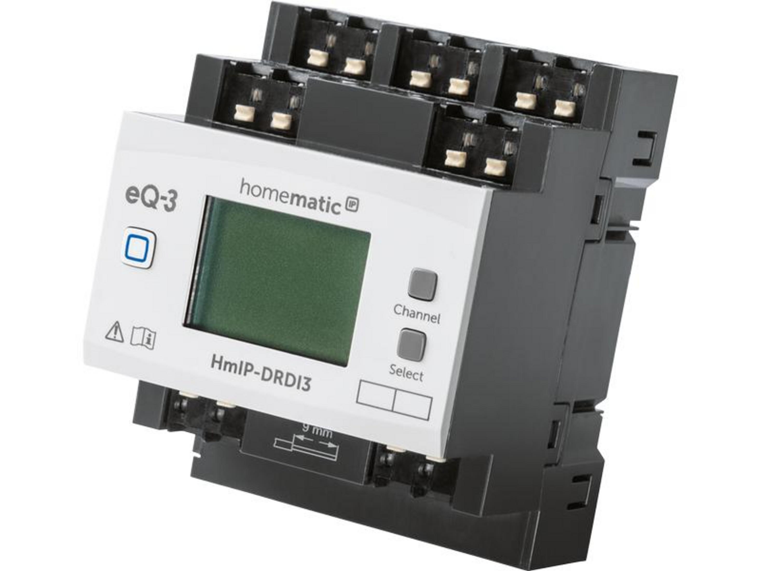 Ein Homematic eQ-3 Hmip-DRDI3 Gerät mit einem grünen Display und Tasten.