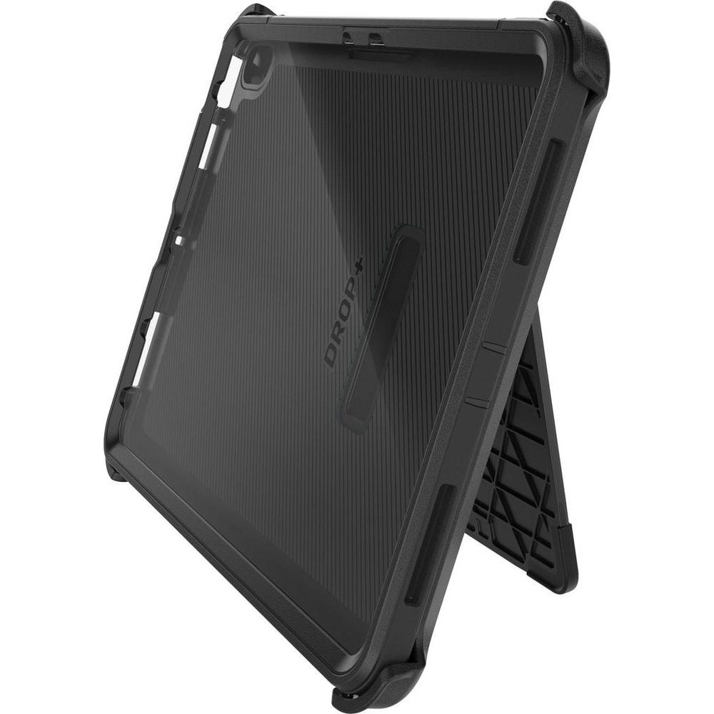 Custodia nera per tablet con supporto integrato e motivo in rilievo.