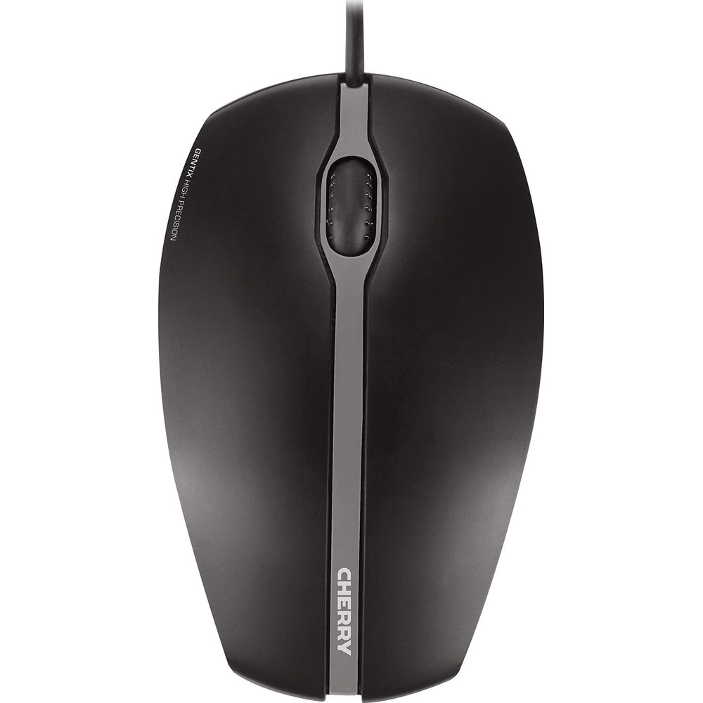 Zwarte CHERRY computermuis met grijze streep en scrollwiel.