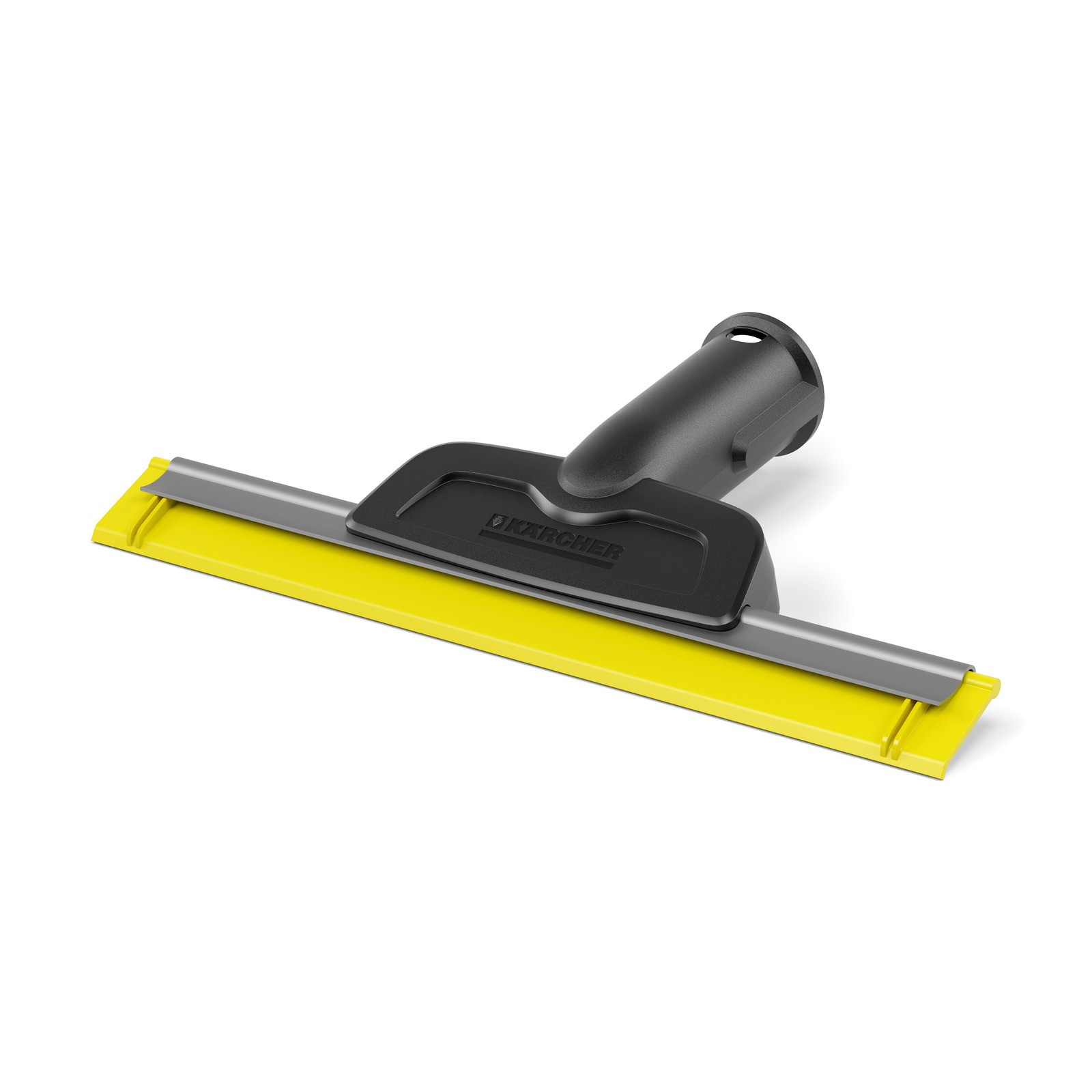 Un tergivetro giallo con manico nero e bordo metallico.