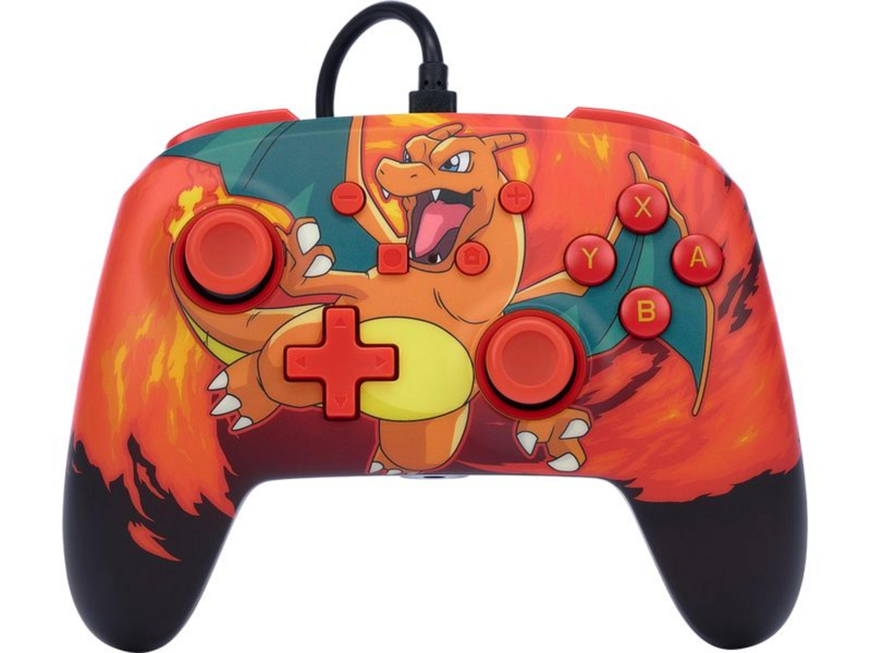 Ein Controller mit Charizard-Design und Flammen. Rote Knöpfe und Joysticks.