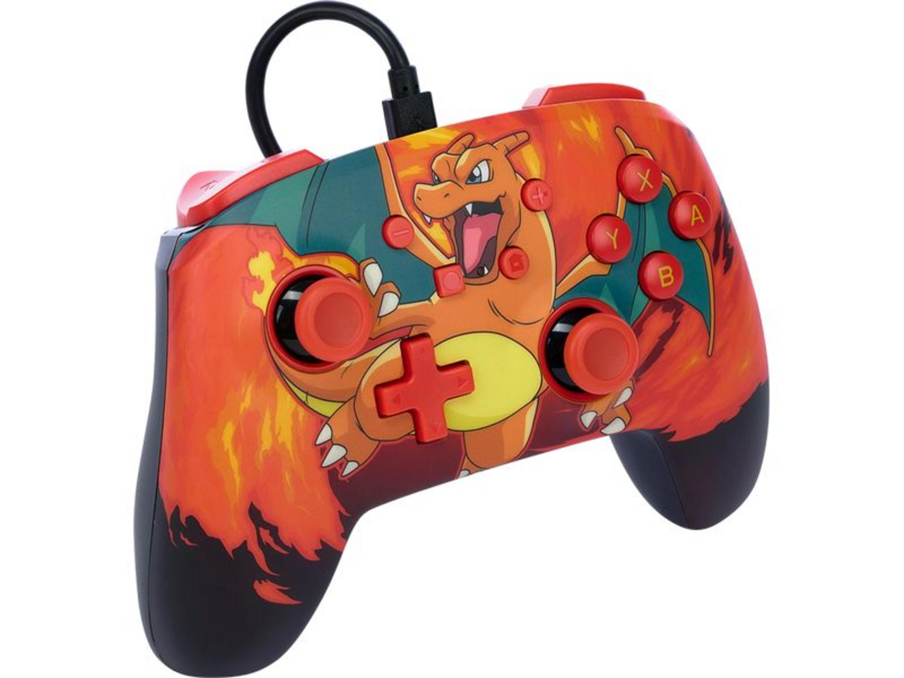 Ein roter Controller mit Charizard-Aufdruck und schwarzen Akzenten.