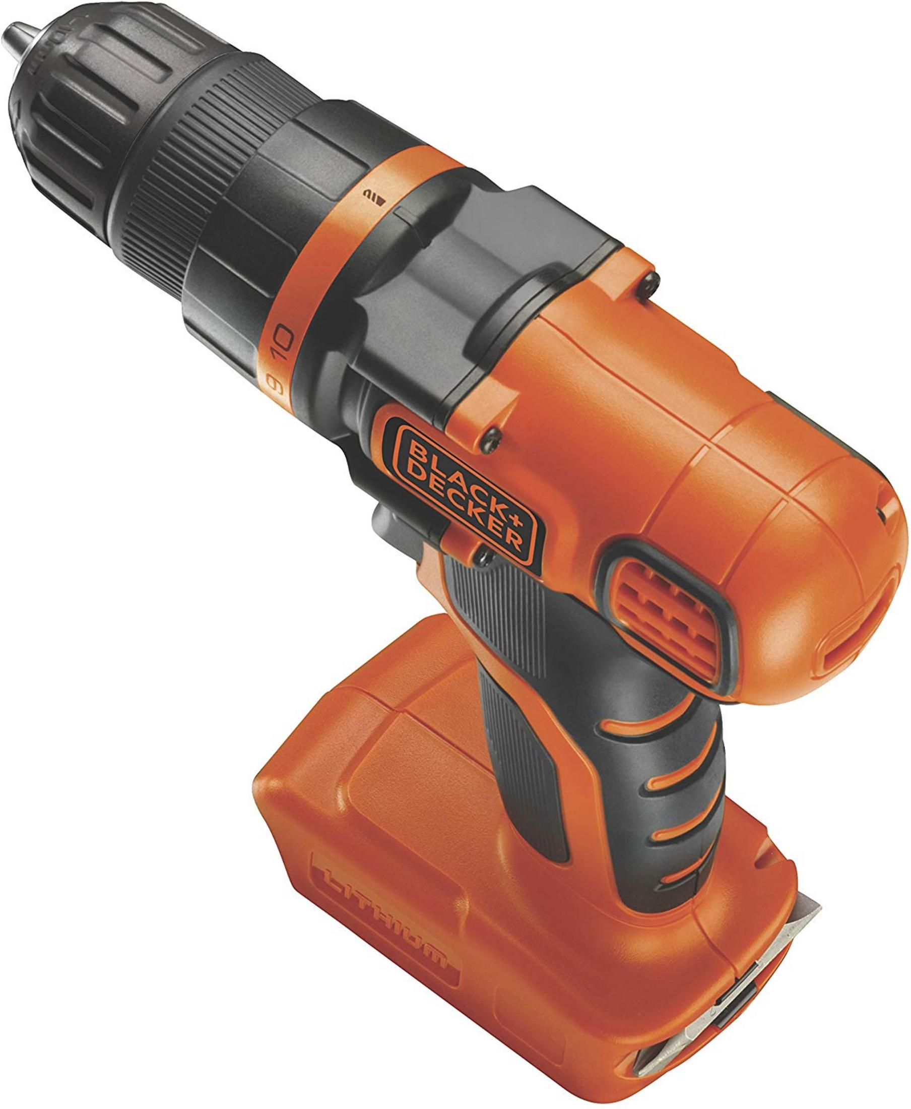 Pomarańczowo-czarna wiertarko-wkrętarka Black+Decker z baterią litową.